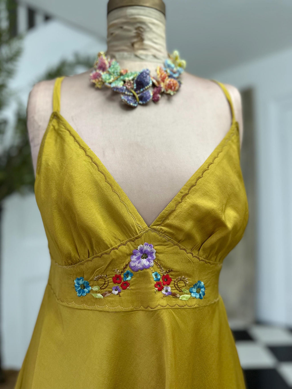 Vintage Mustard Cross Back Silky Mini Slip Dress