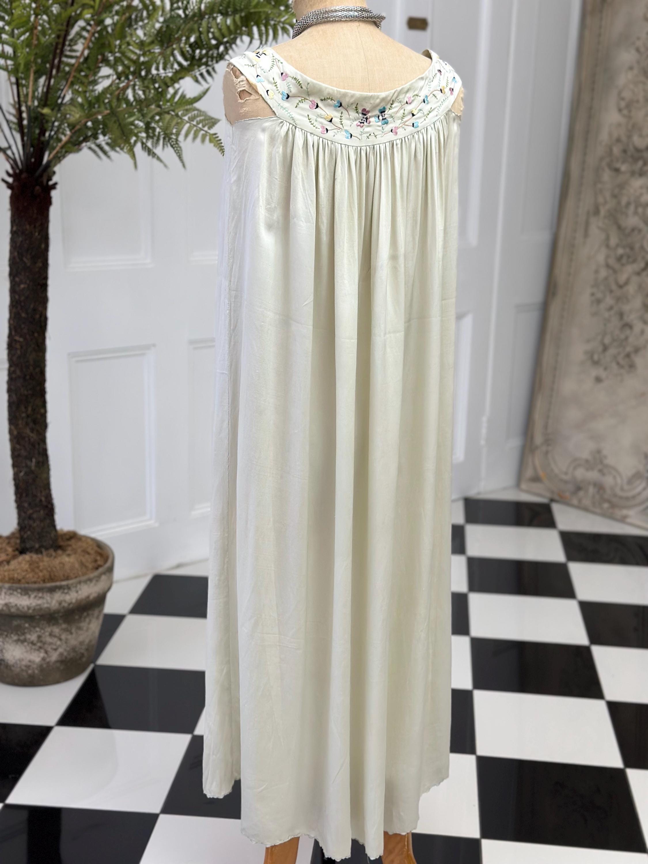 Vintage 1940s Grey Silk Slip Dress with Hand-Embroidered Details
