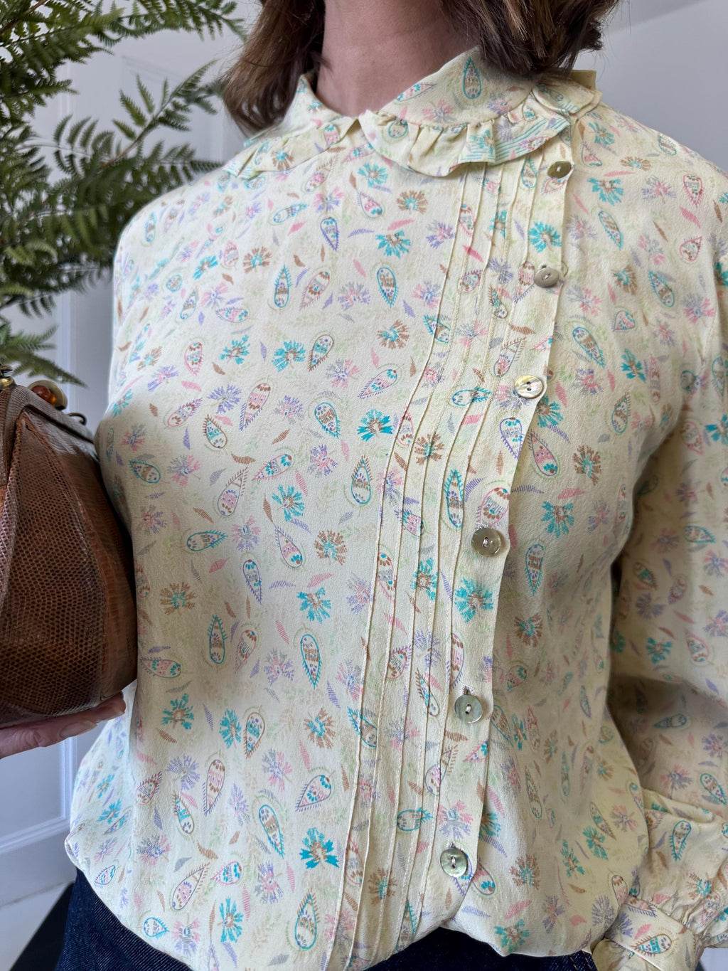 1970 Patel colours silk paisley blouse with ruffle collar and cuff