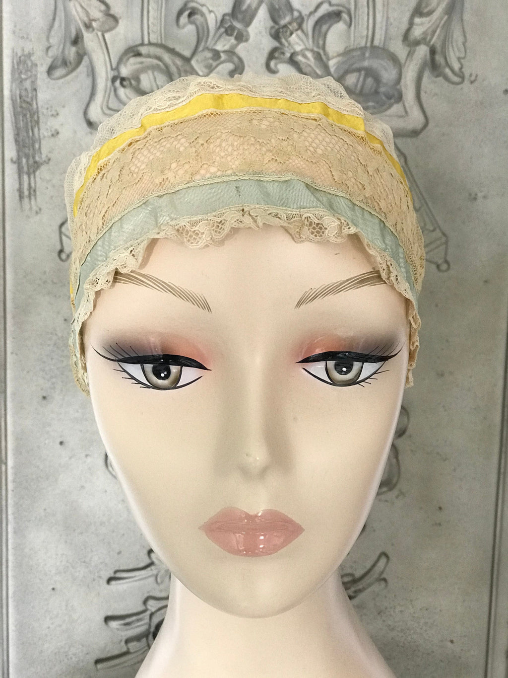 1920s tulle and silk ribbon boudoir bonnet hat