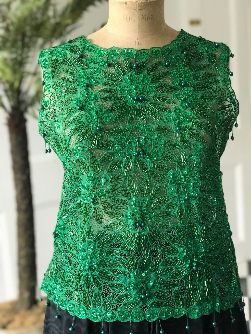 1960s Emerald green chiffon beaded blouse