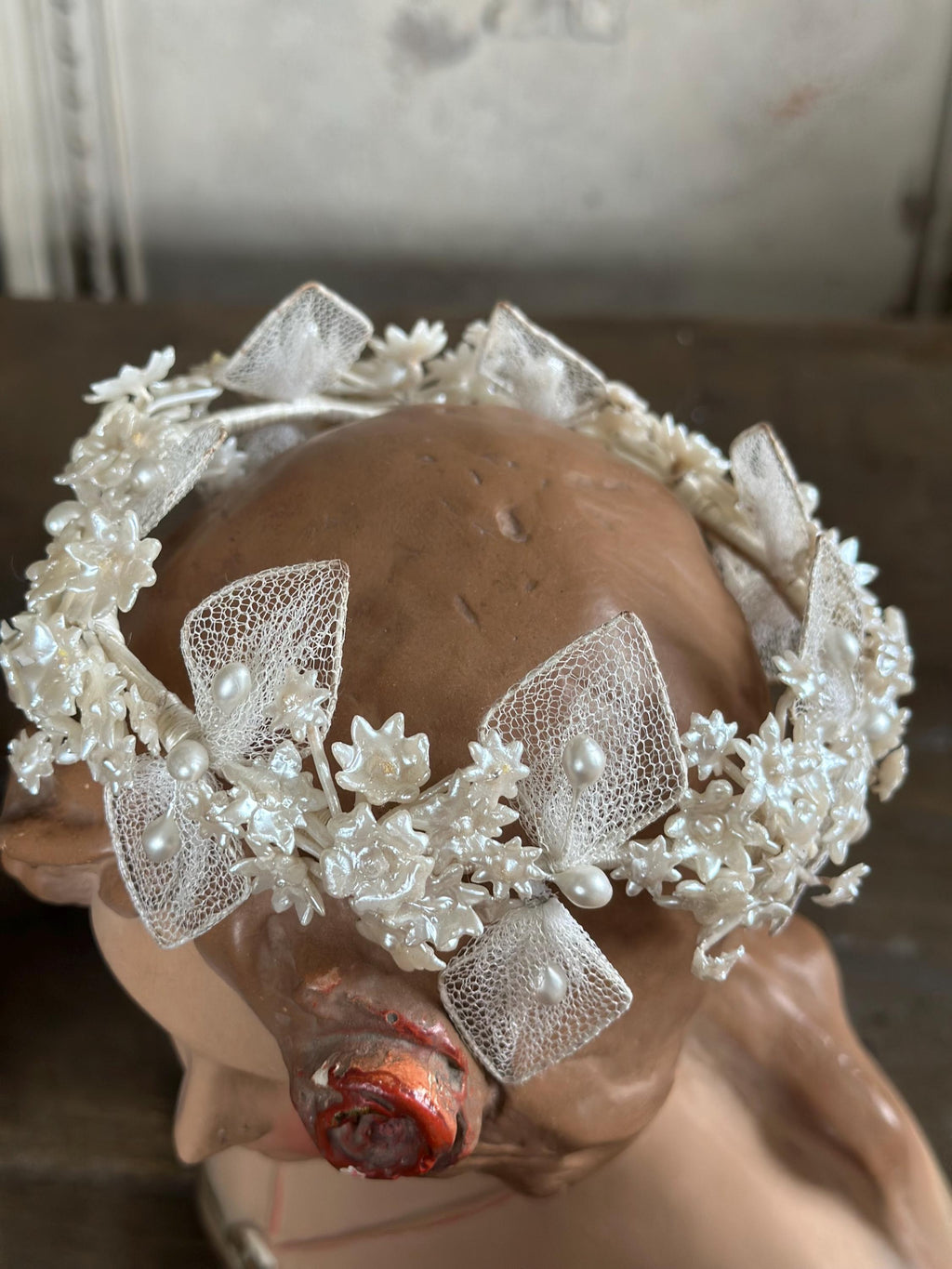 Antique 1940s  Floral Wax Tiara with tulle