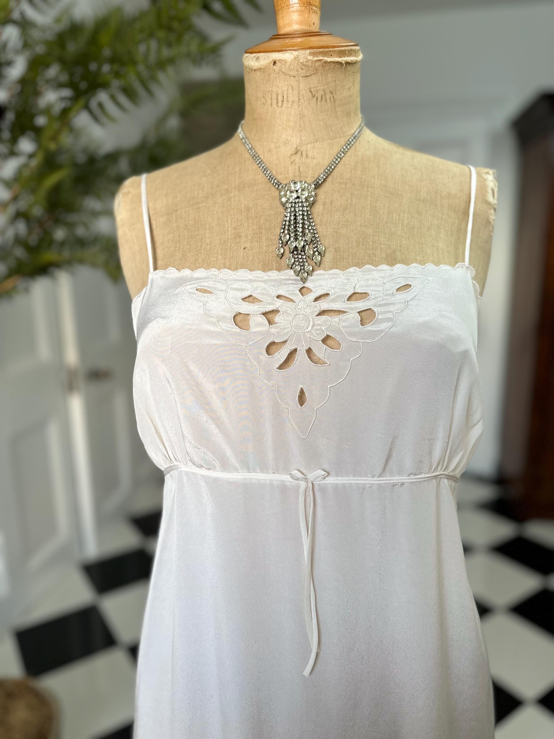 1970 long sexy slip dress with cutout lace details in off white