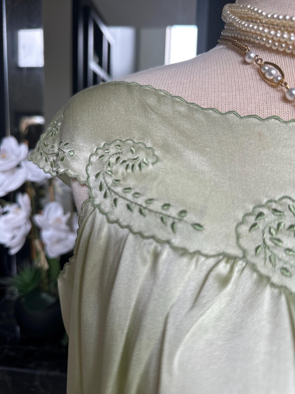 Antique 1920s-1930s Sage Silk Nightgown – Authentic Art Deco Off-Shoulder Gown