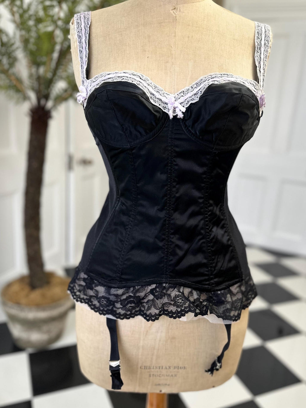 1950s Sexy black satin and lace corset bustier