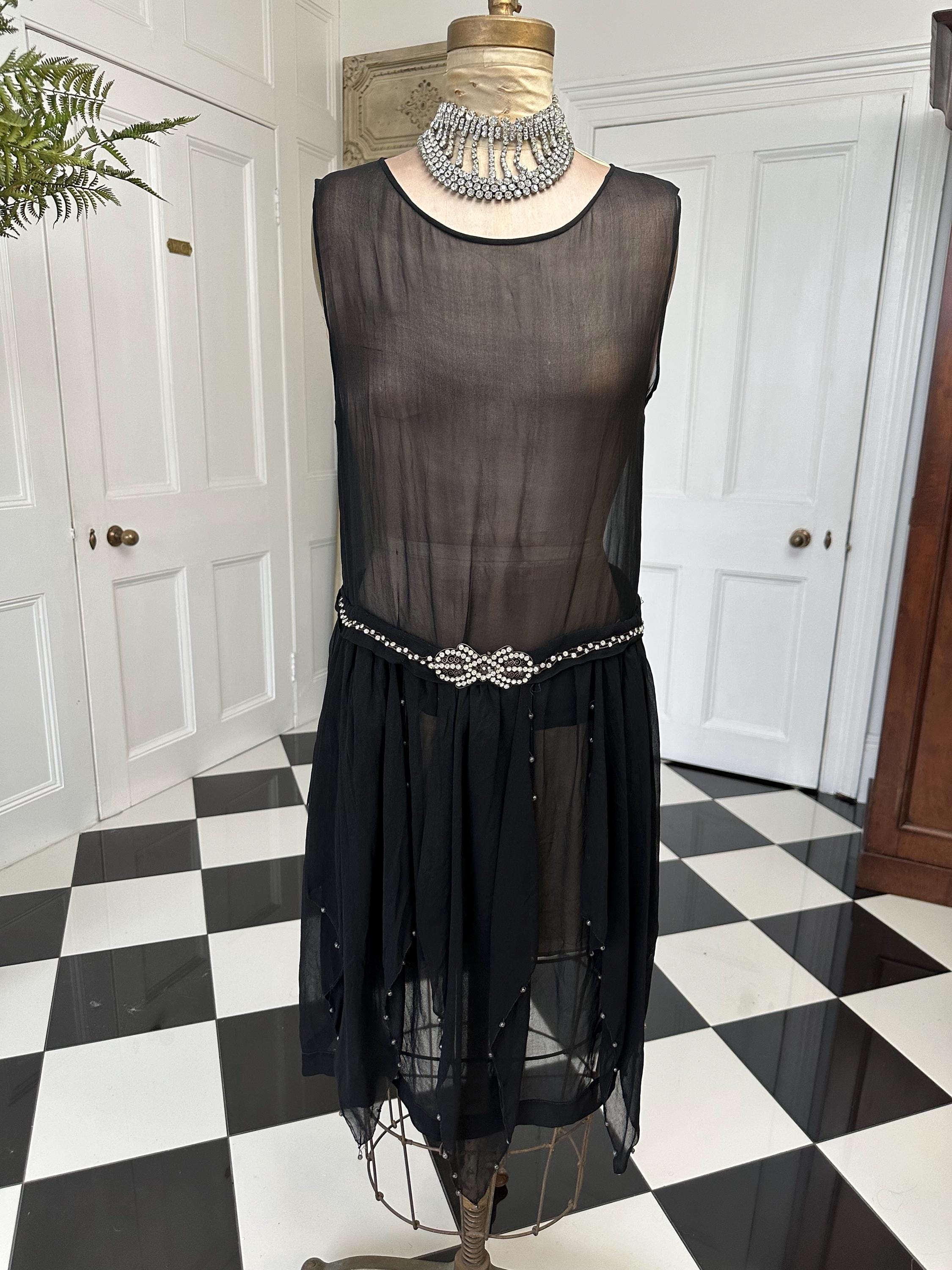 1920s Black sheer dress with diamond waistline details