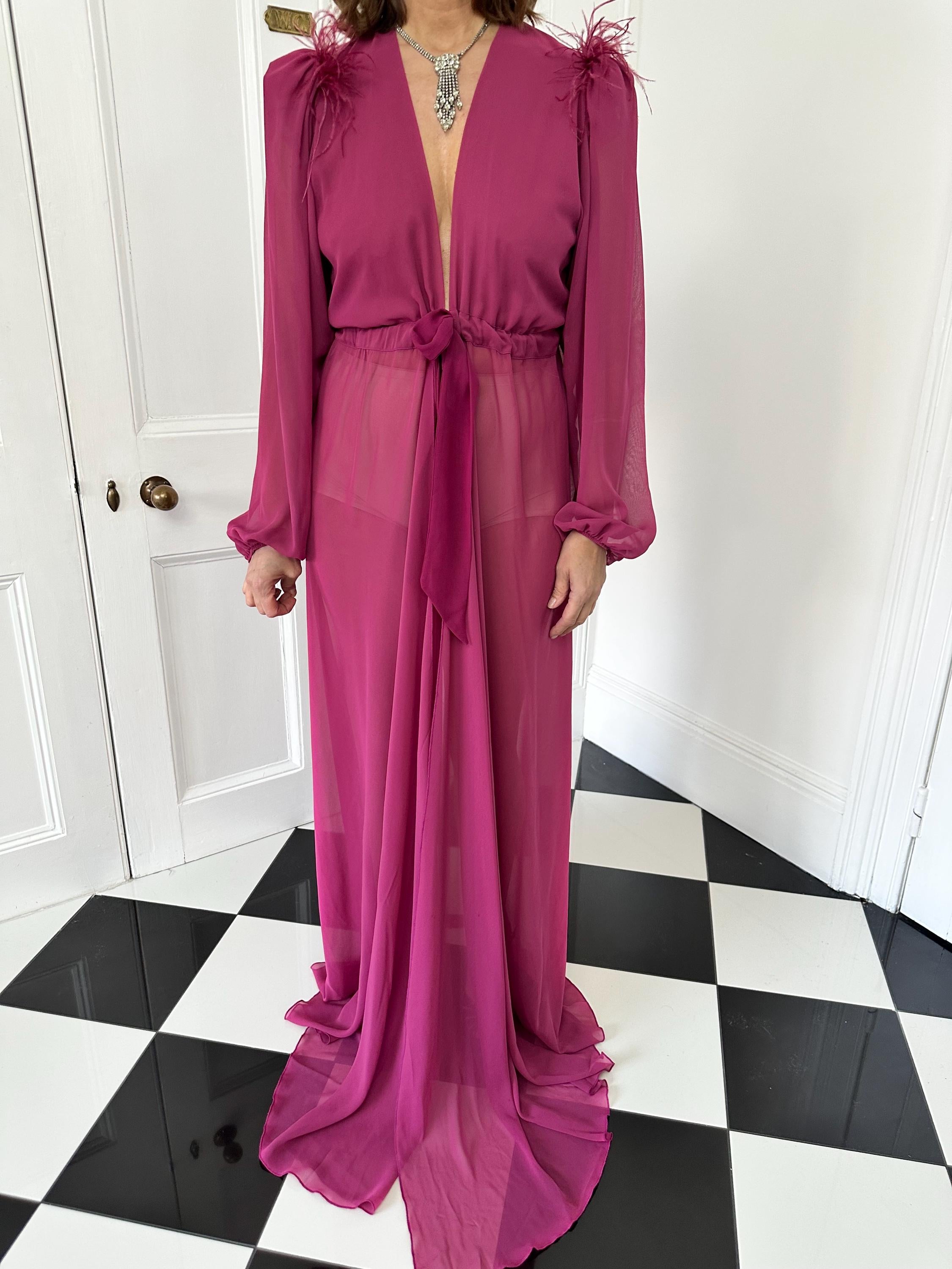 Vintage 1940s style pink maxi gown robe with ostrich feather
