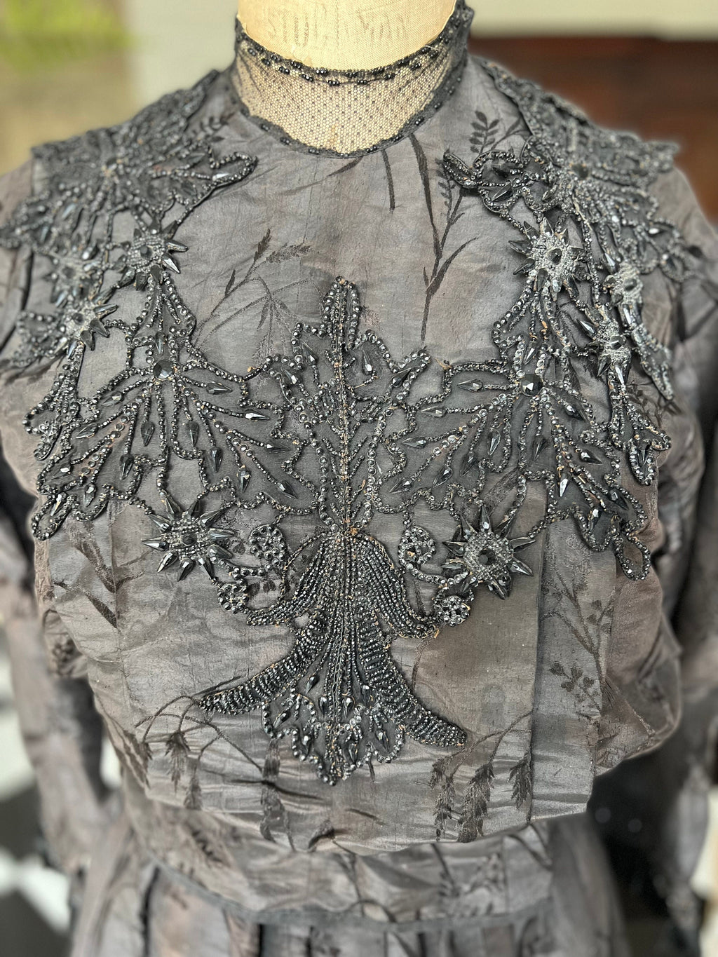 1890s  Victorian black silk embellished bodice and skirt