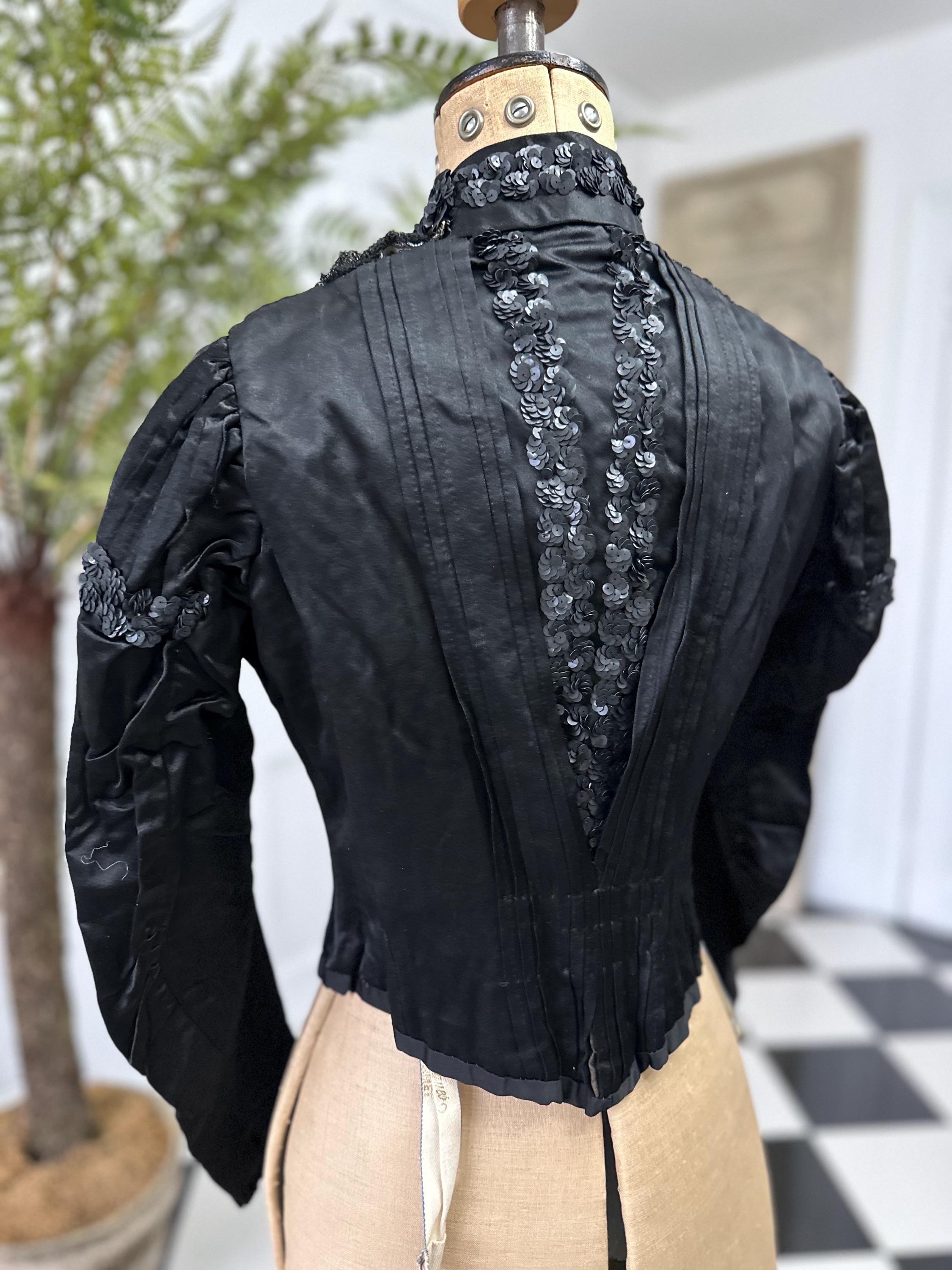 Antique Black Silk Satin Dress: Sequin Beaded Tulle Bodice, Collectible Vintage