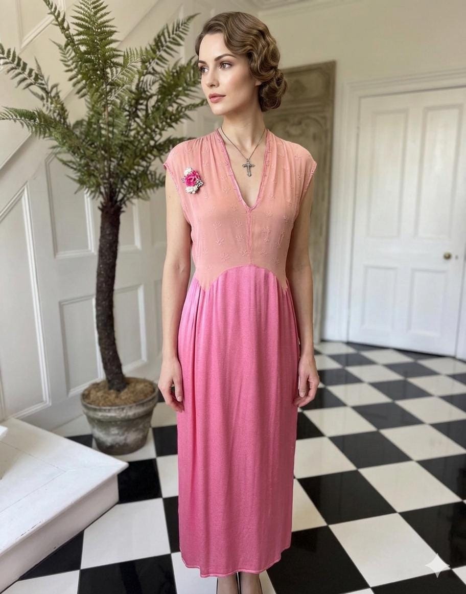 1940s silk satin and chiffon hot pink hand embroidered slip dress