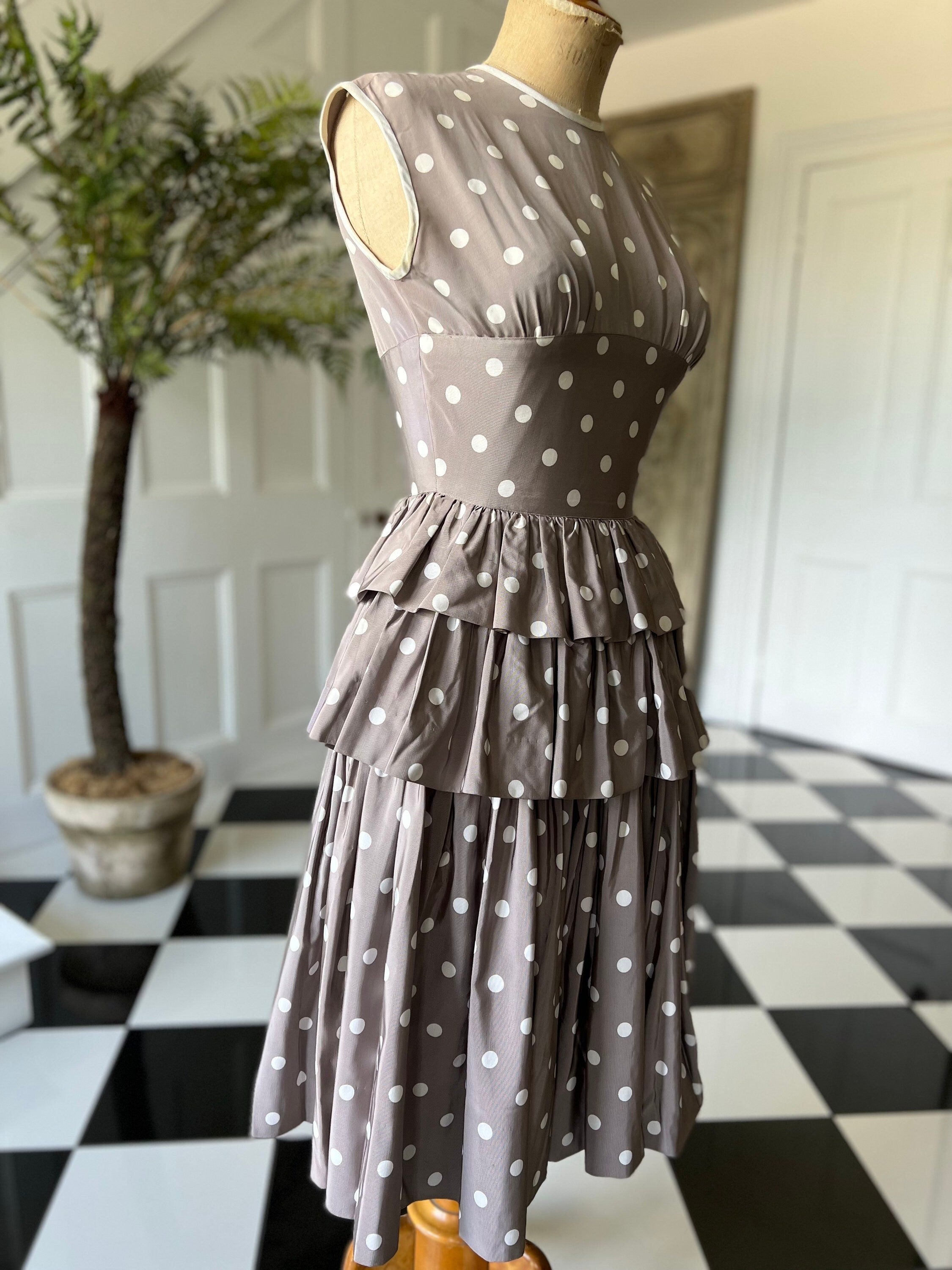 1950s mink and  white  silk tafetta polka dot ruffle skirt dress