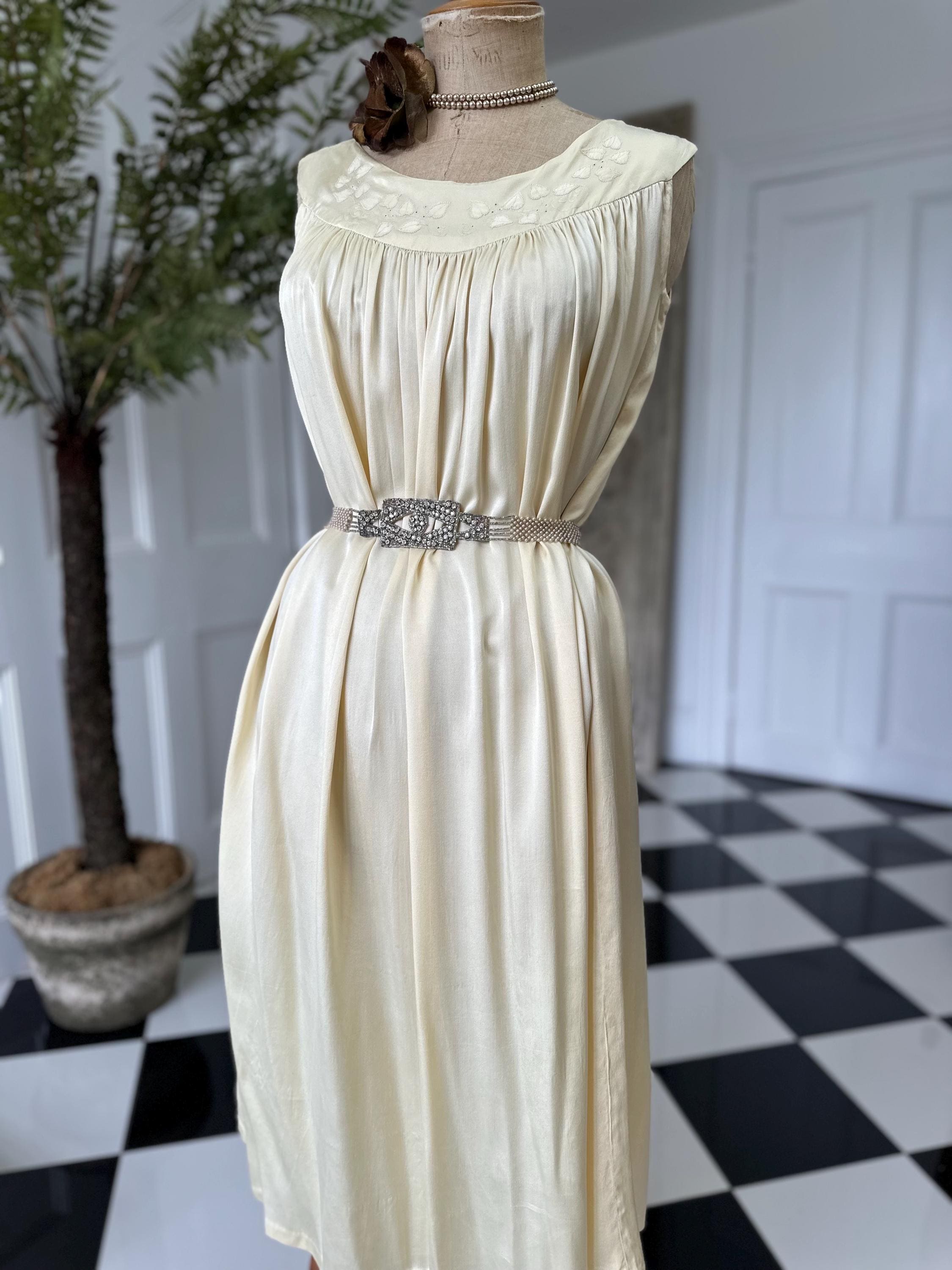 1940s boat neck  buttercup cream smock style silk slip with hand embroidery