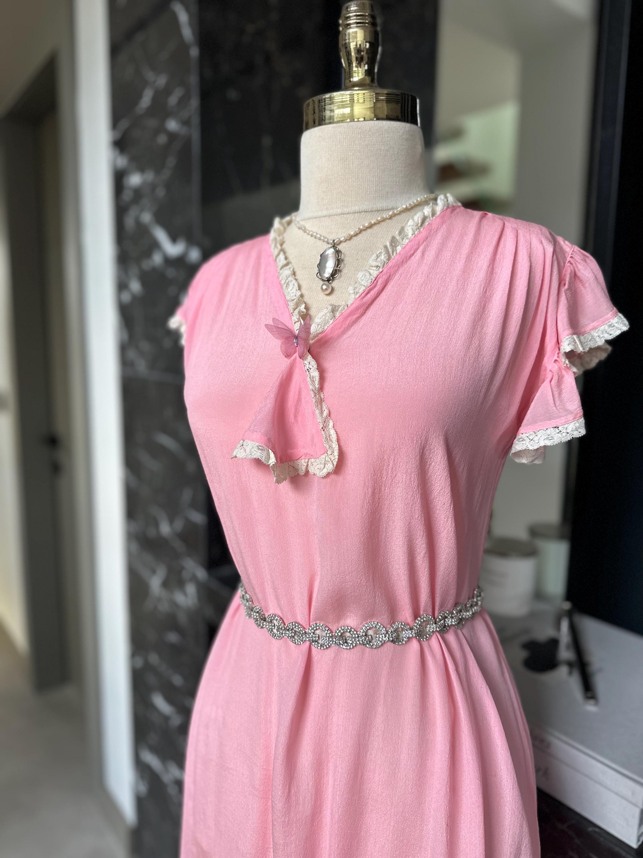 1930s Pink Silk Gown | Lace Ruffle Sleeve Slip, Antique Crepe Nightgown
