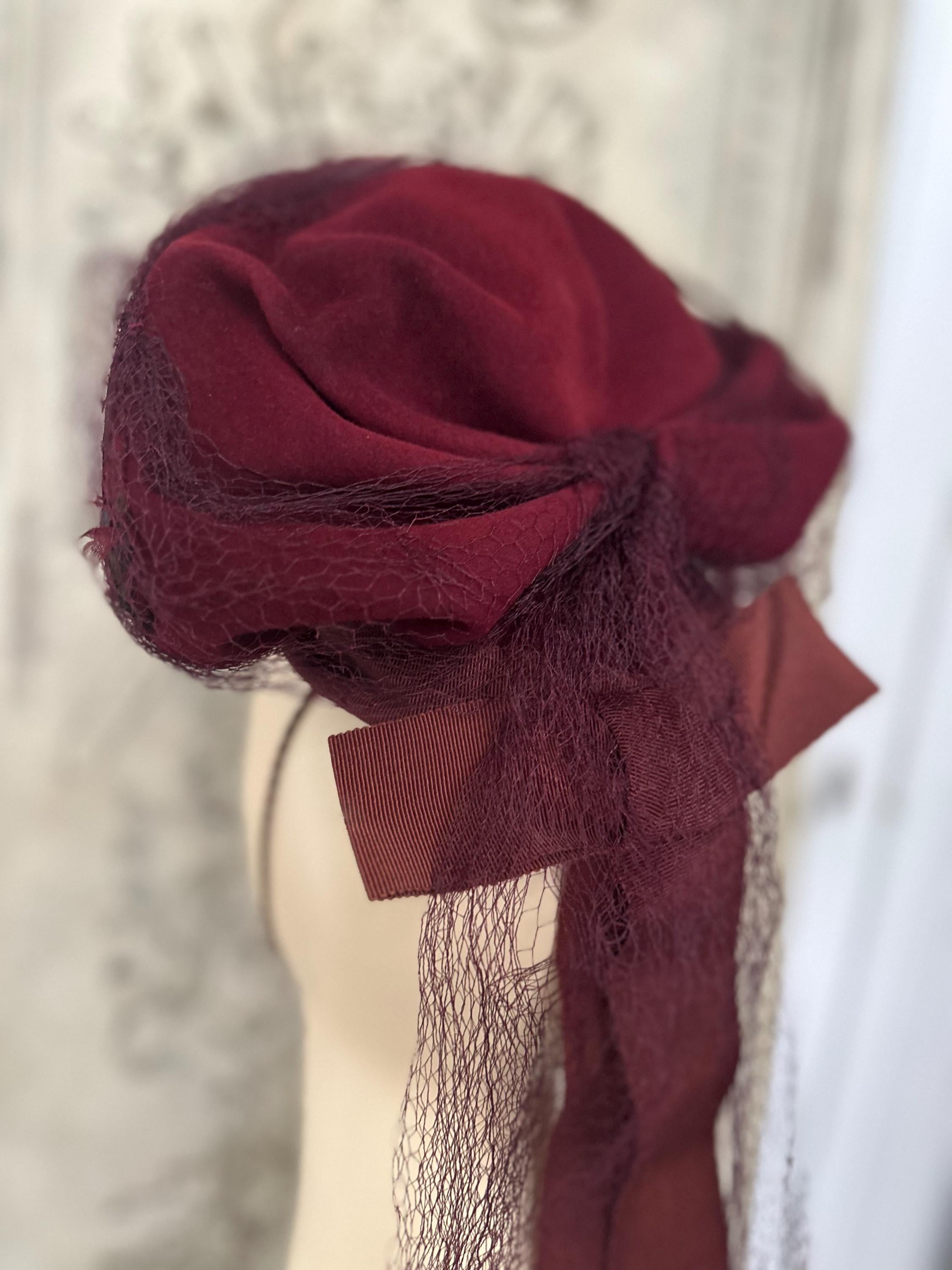 1950s Dark Red Felt Wool Hat with Feathers