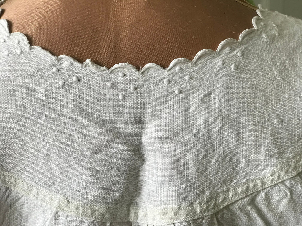 Antique Linen Smock Dress: Hand Embroidered Monogram, UK 8-10
