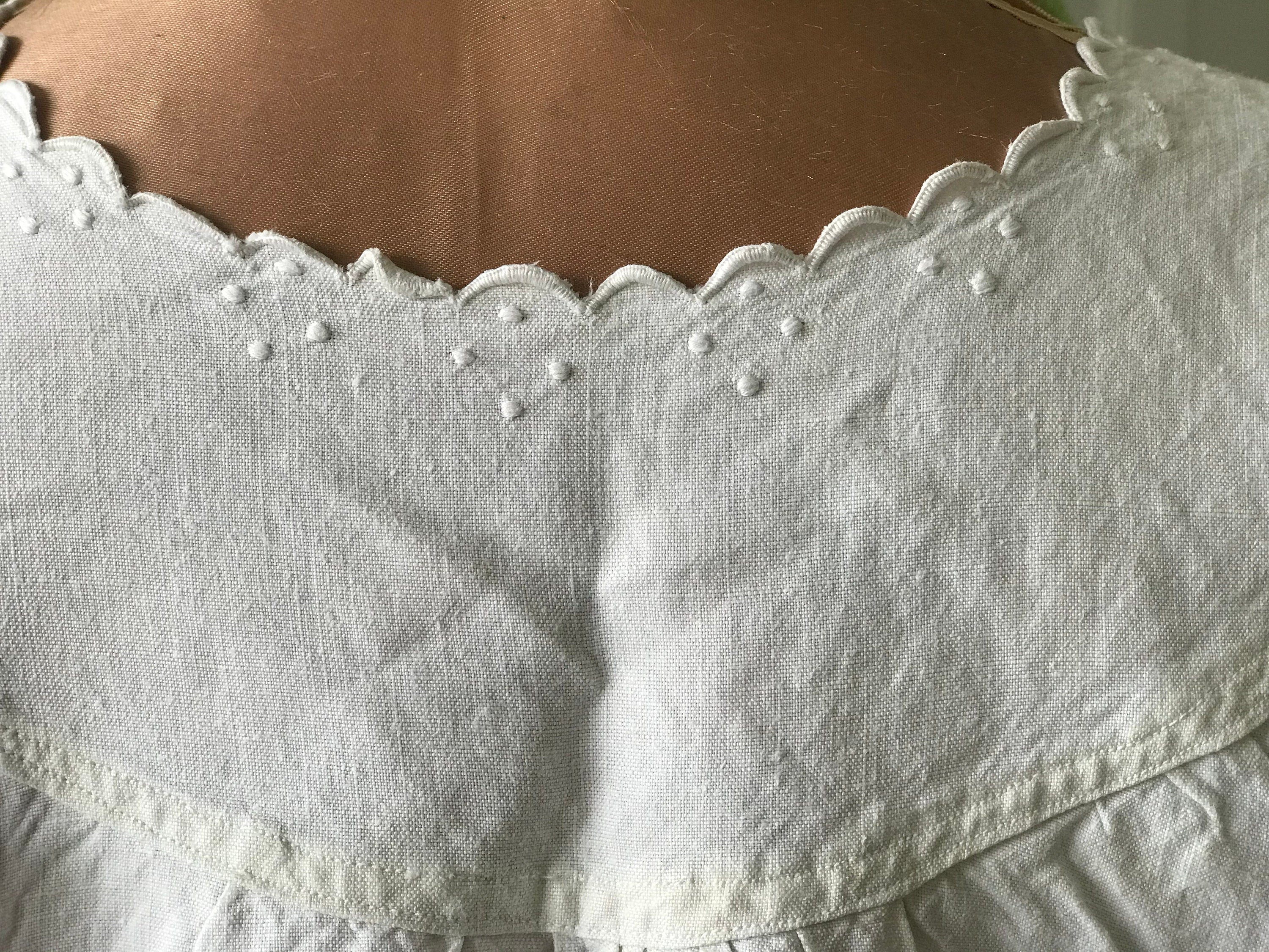 Antique Linen Smock Dress: Hand Embroidered Monogram, UK 8-10