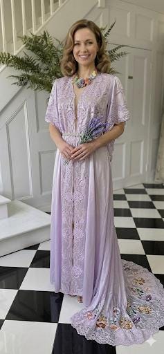 Vintage Lilac Satin Peignoir: 1980s Cutout Lace Robe