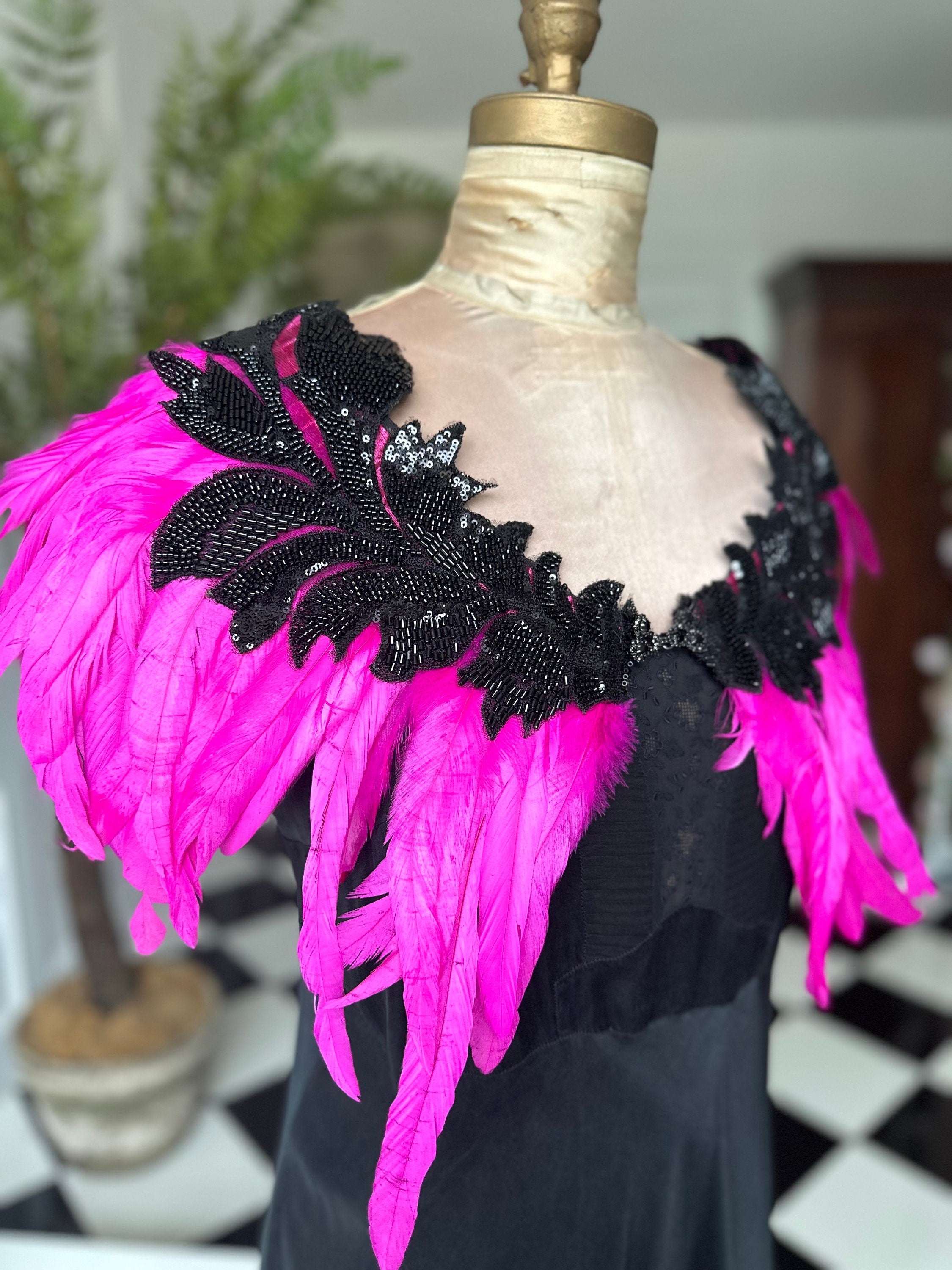 1930s vintage style hot pink cerise pink feather cape  with black embellishment