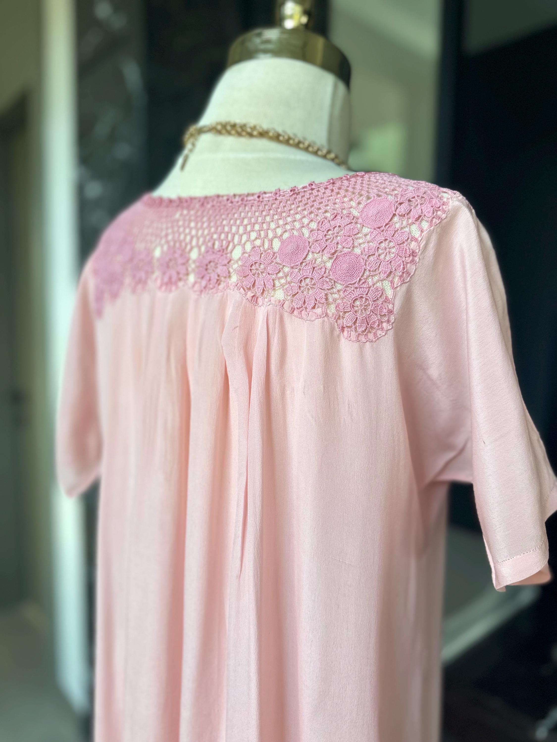 1940s Pink Silk Maxi Dress – Embroidered Crochet Neckline, Flutter Sleeve Gown