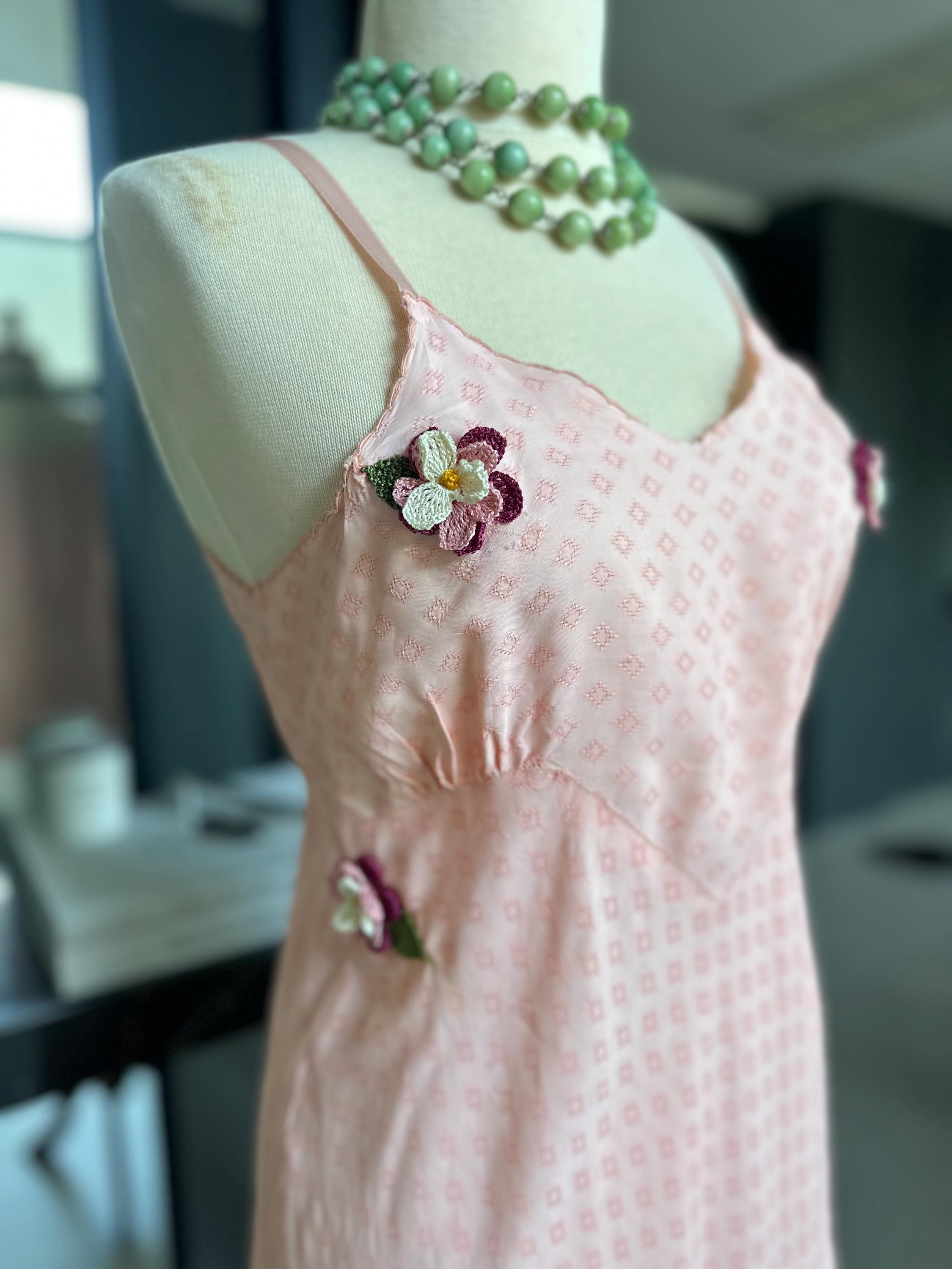1930s Dreamy Pink Silk Slip Dress – 3D crochet Rosettes