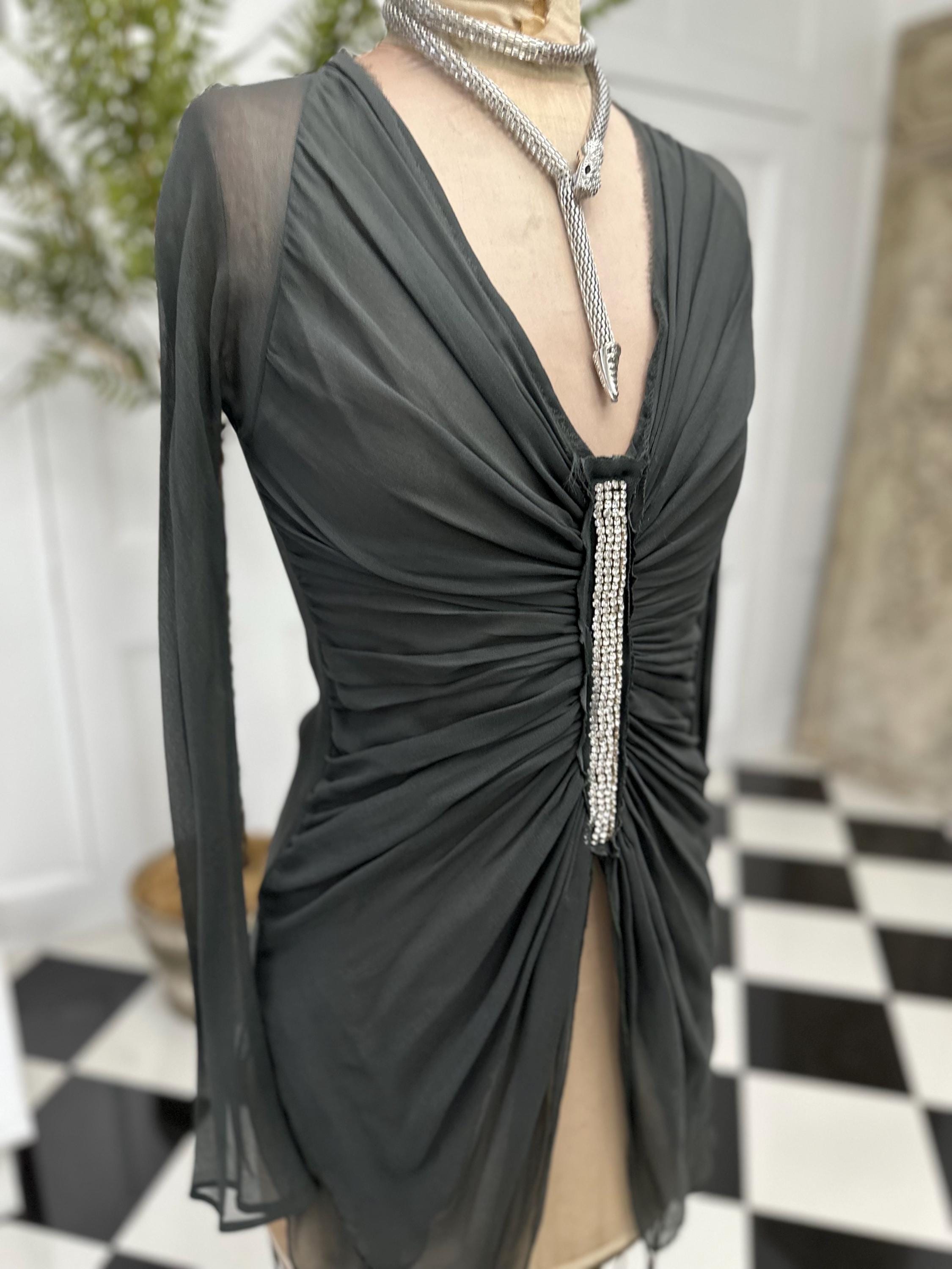 Vintage Dark Grey Silk Crepe Blouse Elegant Long Sleeve with Plunge Neckline