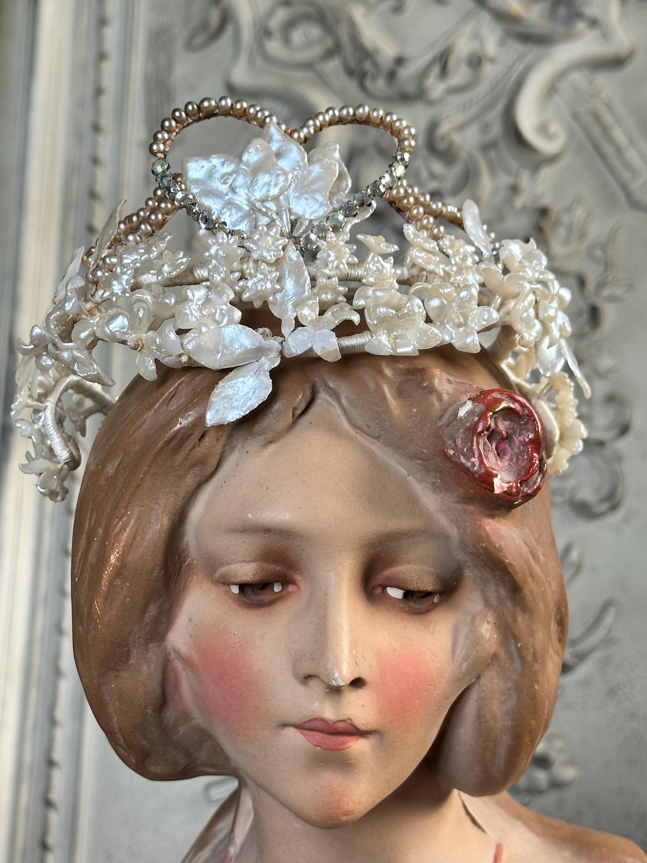 Vintage Floral Wax Tiara with Heart Accents 1930s 40s