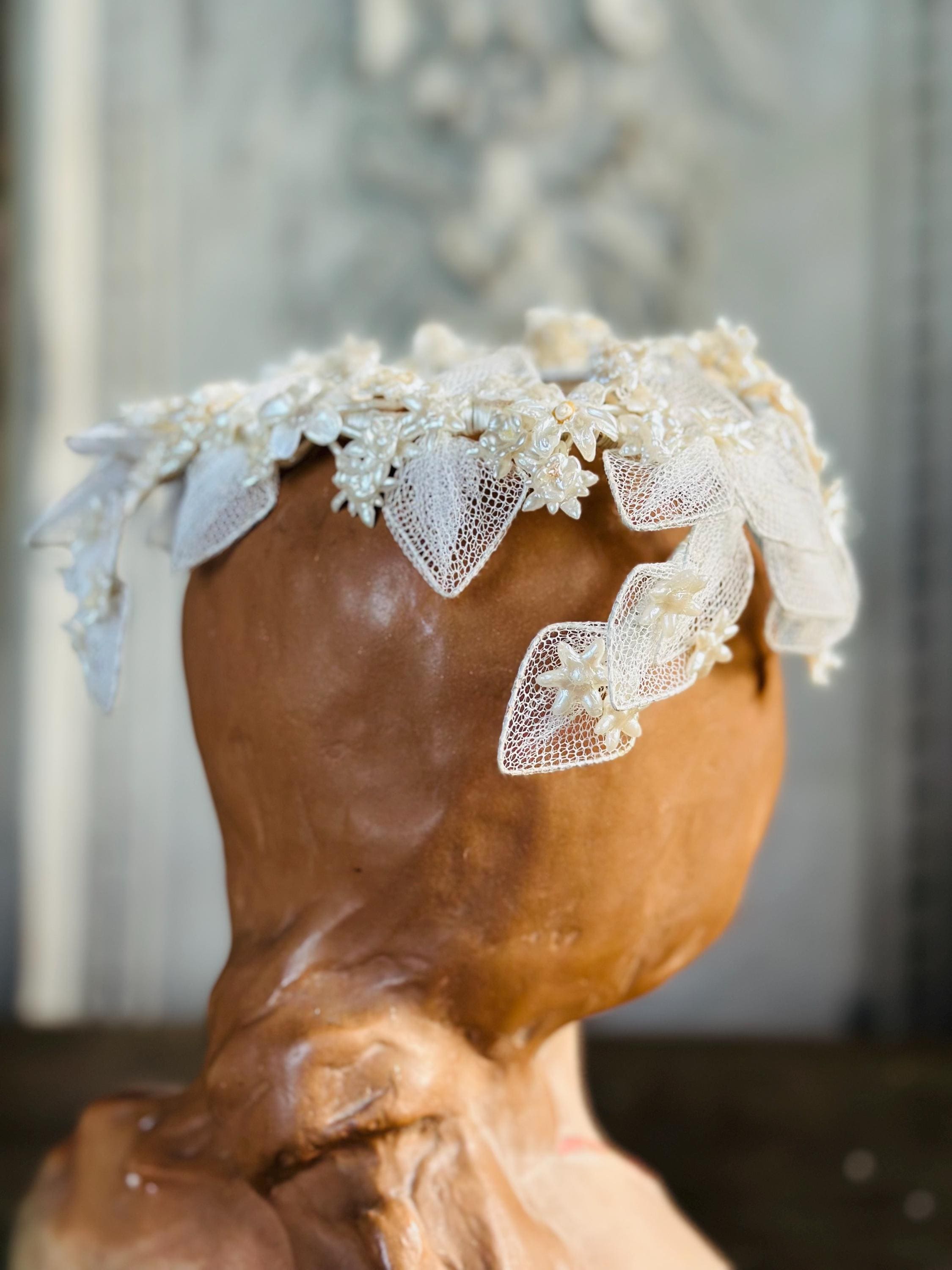 Antique 1940s  Floral Wax Tiara with tulle