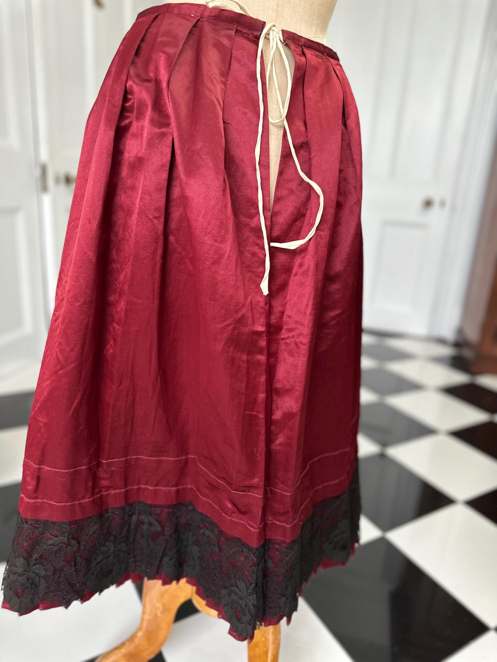 Victorian Dark Red Silk Satin Skirt  Elegant Black Lace Flounce