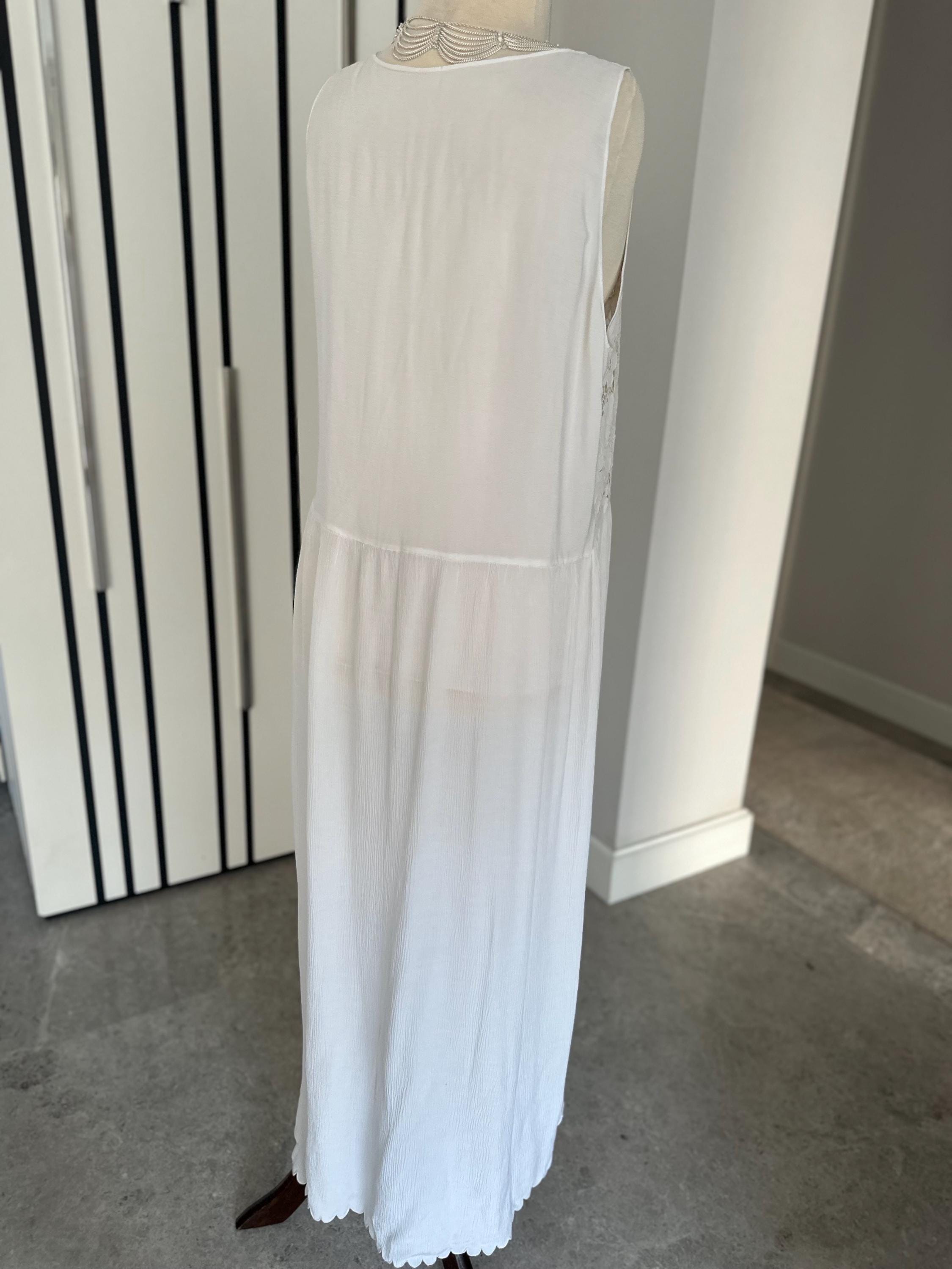 1970s crossover cutout lace white long slip dress