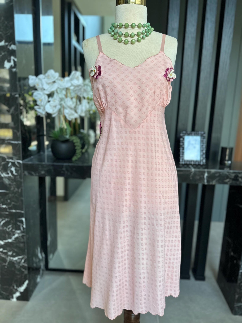 1930s Dreamy Pink Silk Slip Dress – 3D crochet Rosettes