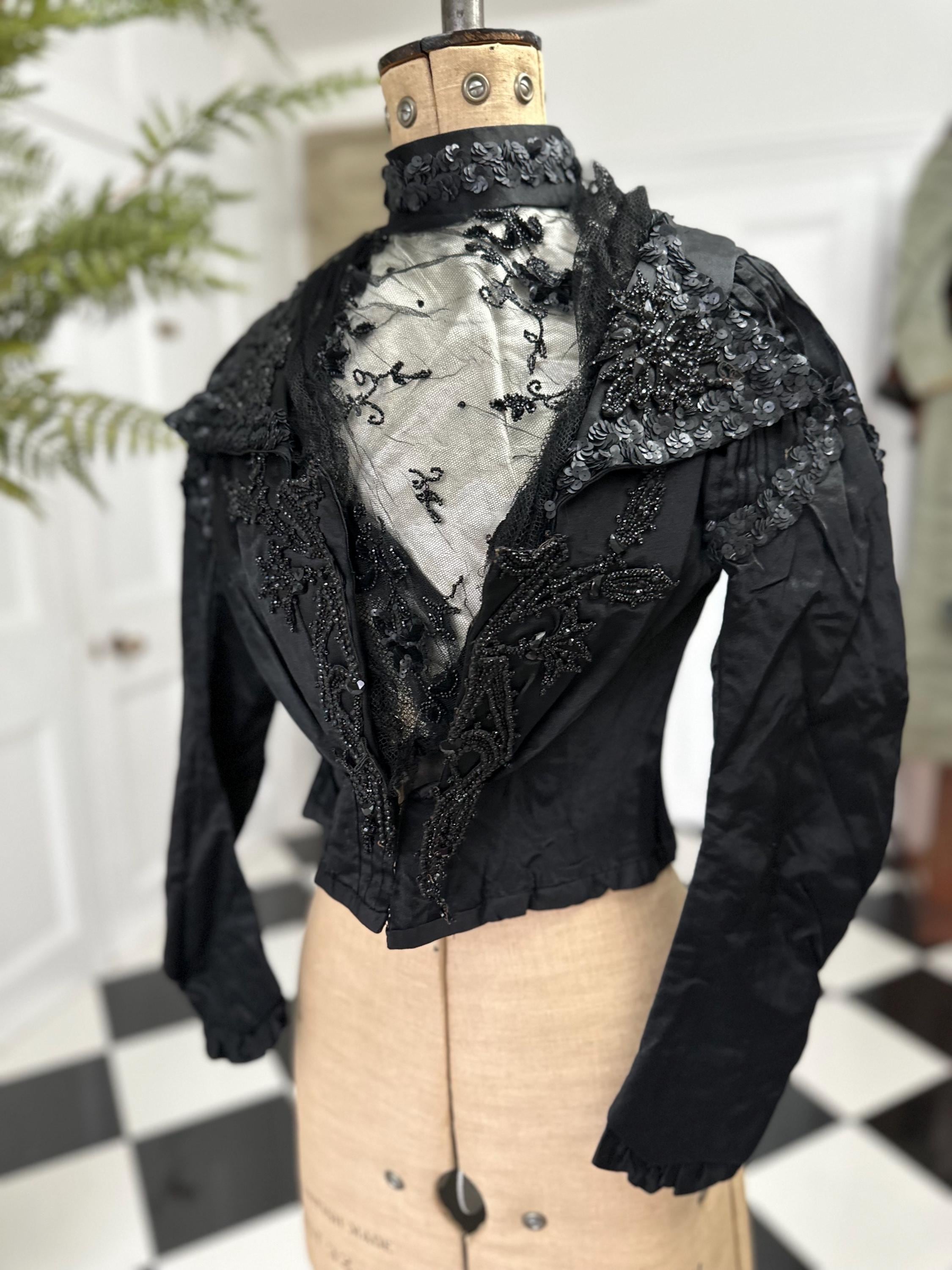 Antique Black Silk Satin Dress: Sequin Beaded Tulle Bodice, Collectible Vintage
