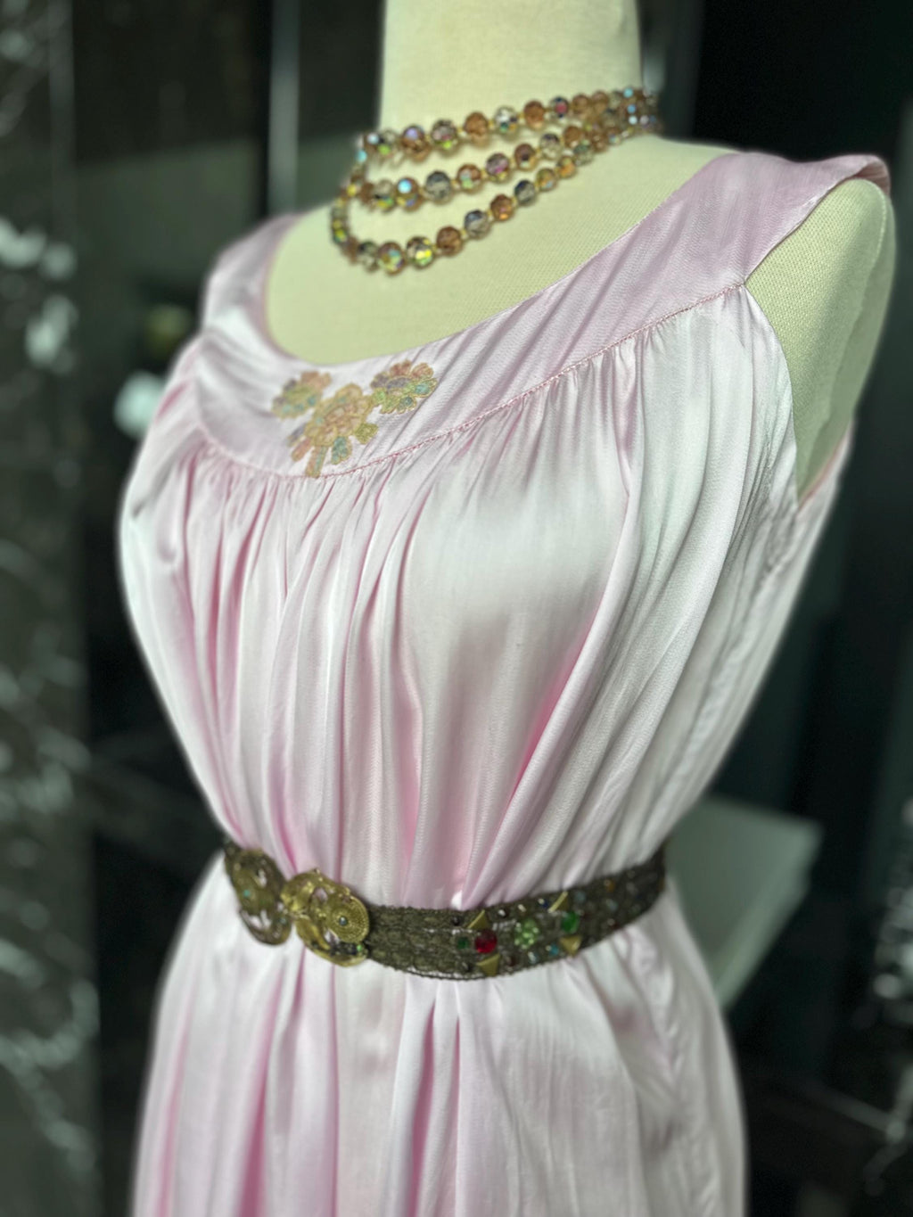 Vintage pink  liquid satin slip dress – Off-Shoulder Gown