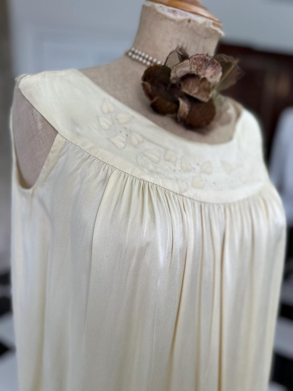 1940s boat neck  buttercup cream smock style silk slip with hand embroidery