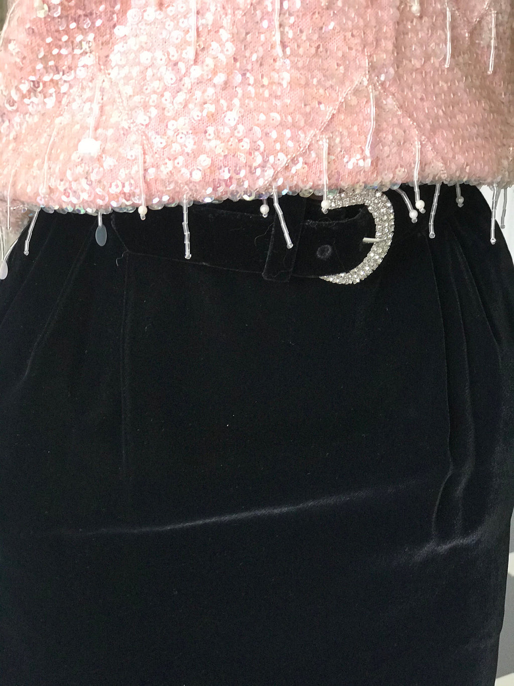 1960s Designer black velvet with crystal belt   Elizabeth Arden Andre Laug for Audrey