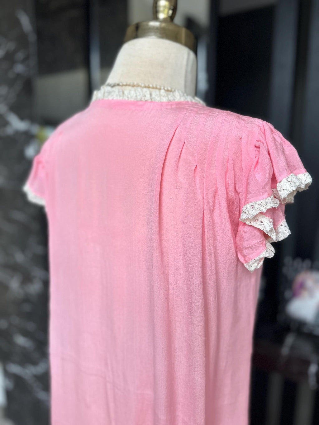 1930s Pink Silk Gown | Lace Ruffle Sleeve Slip, Antique Crepe Nightgown