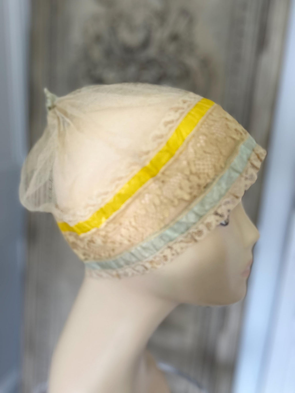 1920s tulle and silk ribbon boudoir bonnet hat
