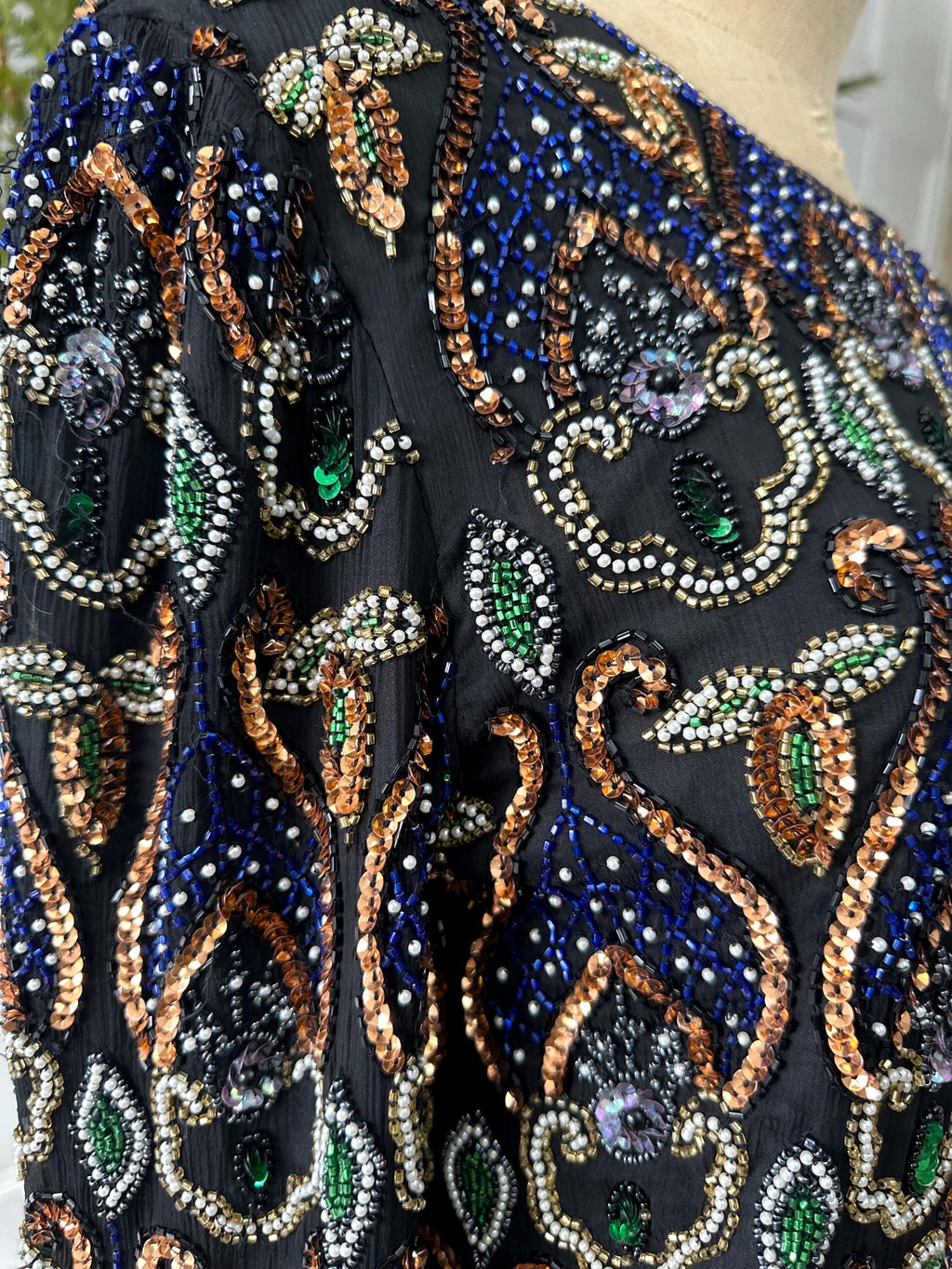 1980 Silk jacket with blue bronze pearl sequin long sleeve