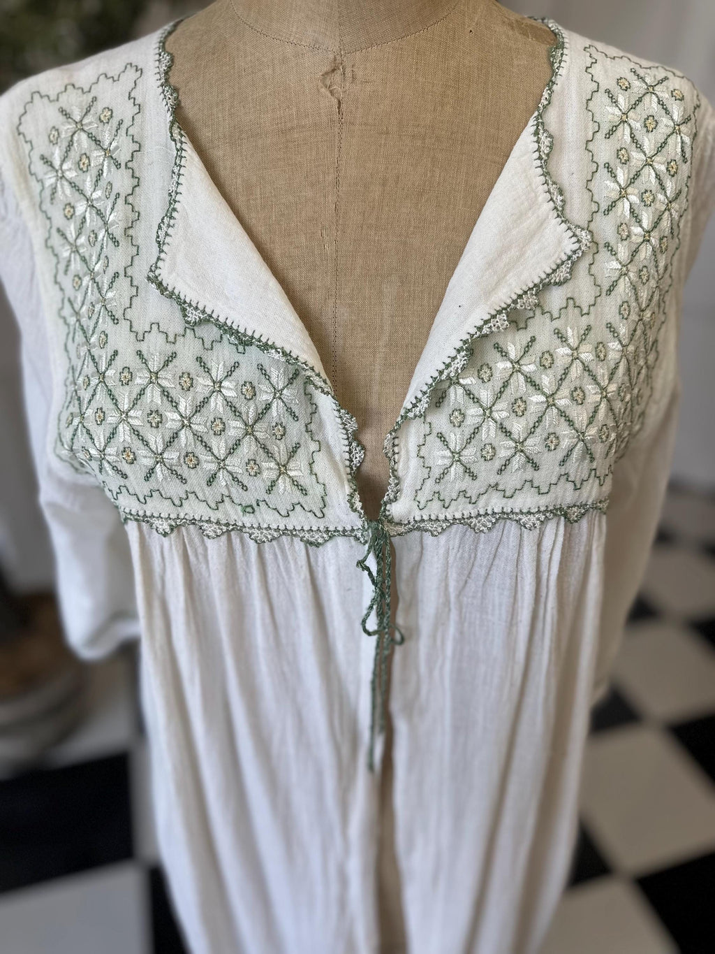 1970s Long hand loomed muslin cotton  gown with hand embroidered kimono