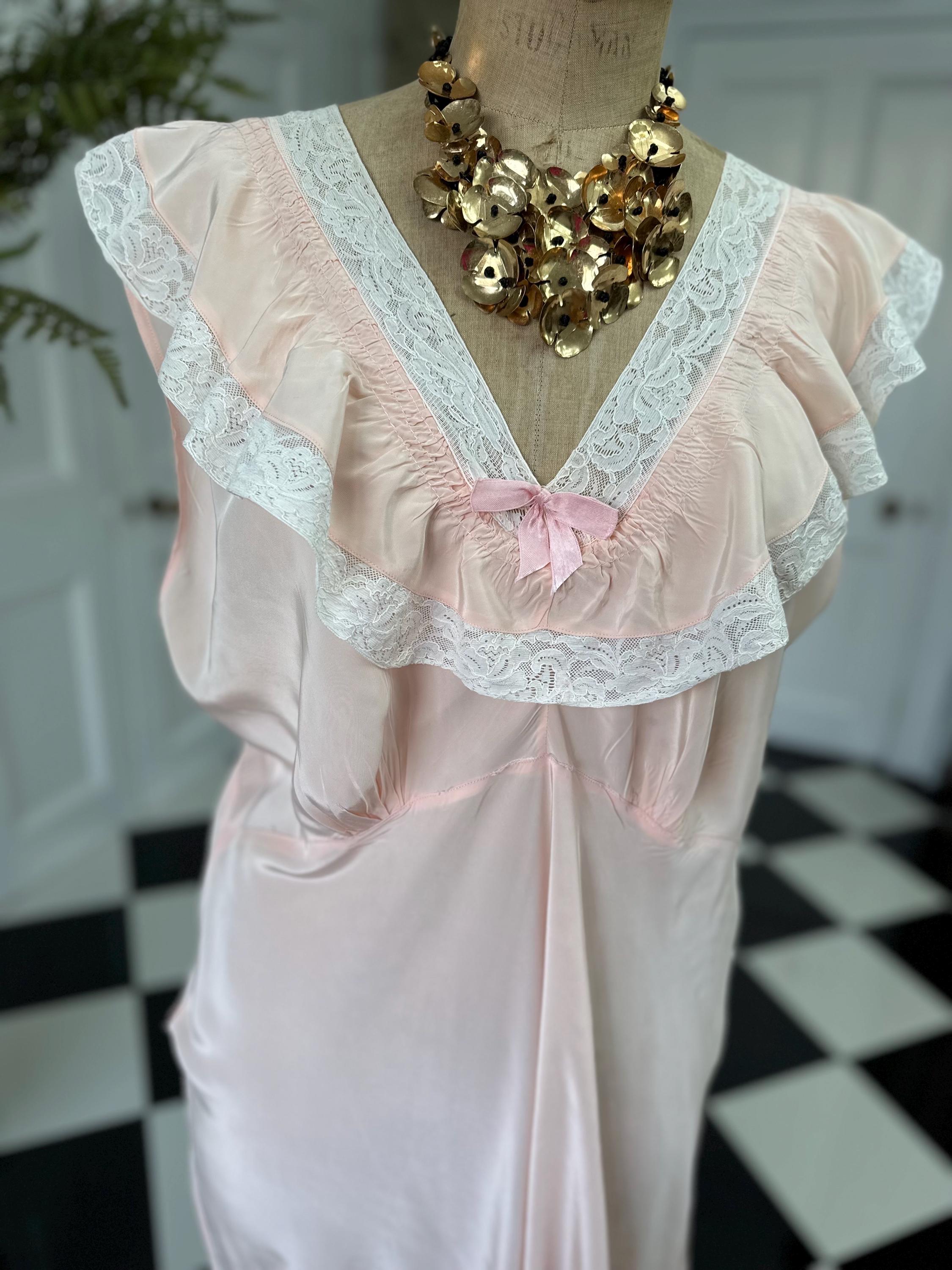 1930s Pale Pink Slip Dress: Vintage Bias Cut with Cream Lace