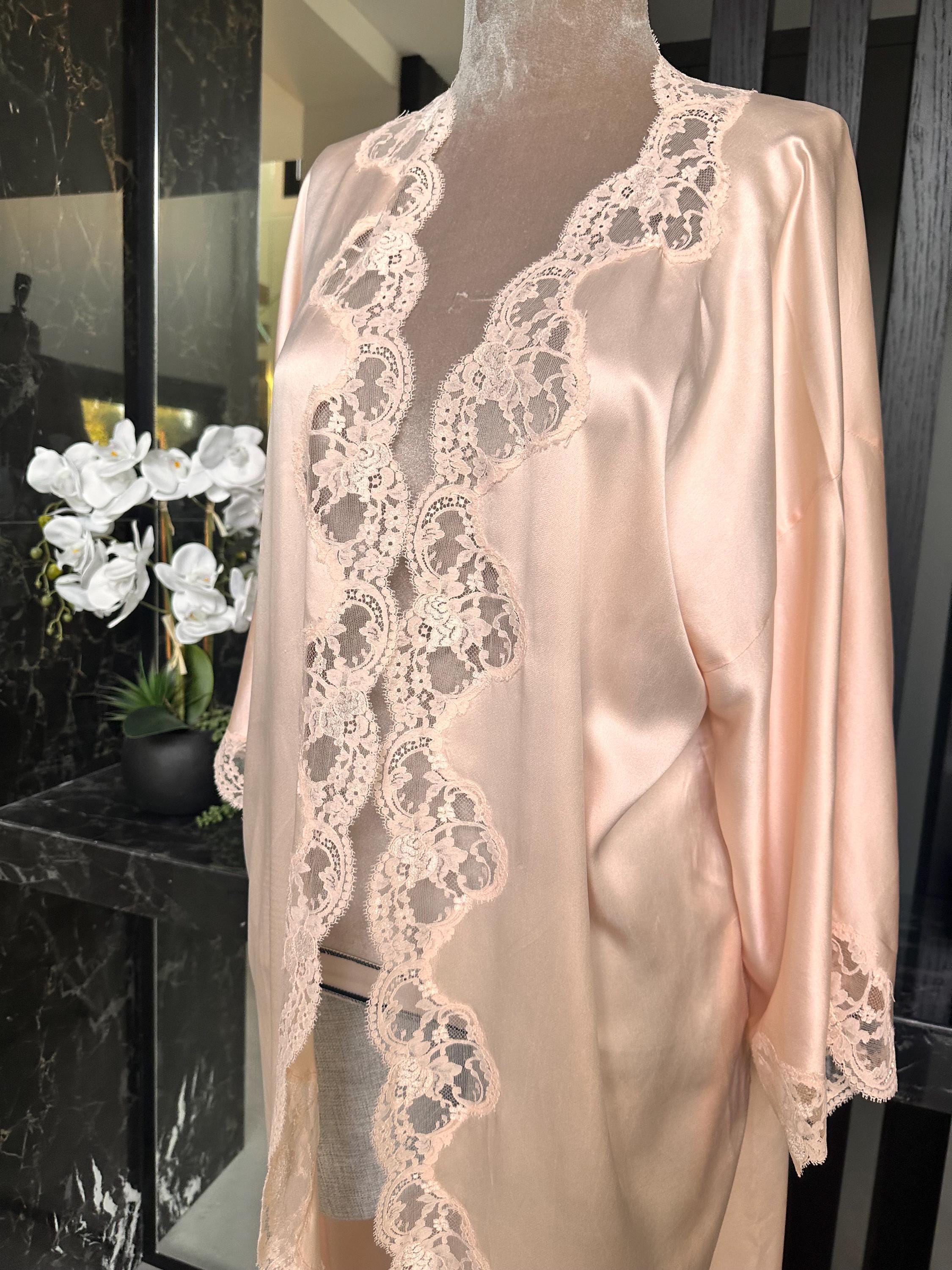 Pure Silk Lace Robe – Champagne Bridal Kimono, Embroidered Nightwear