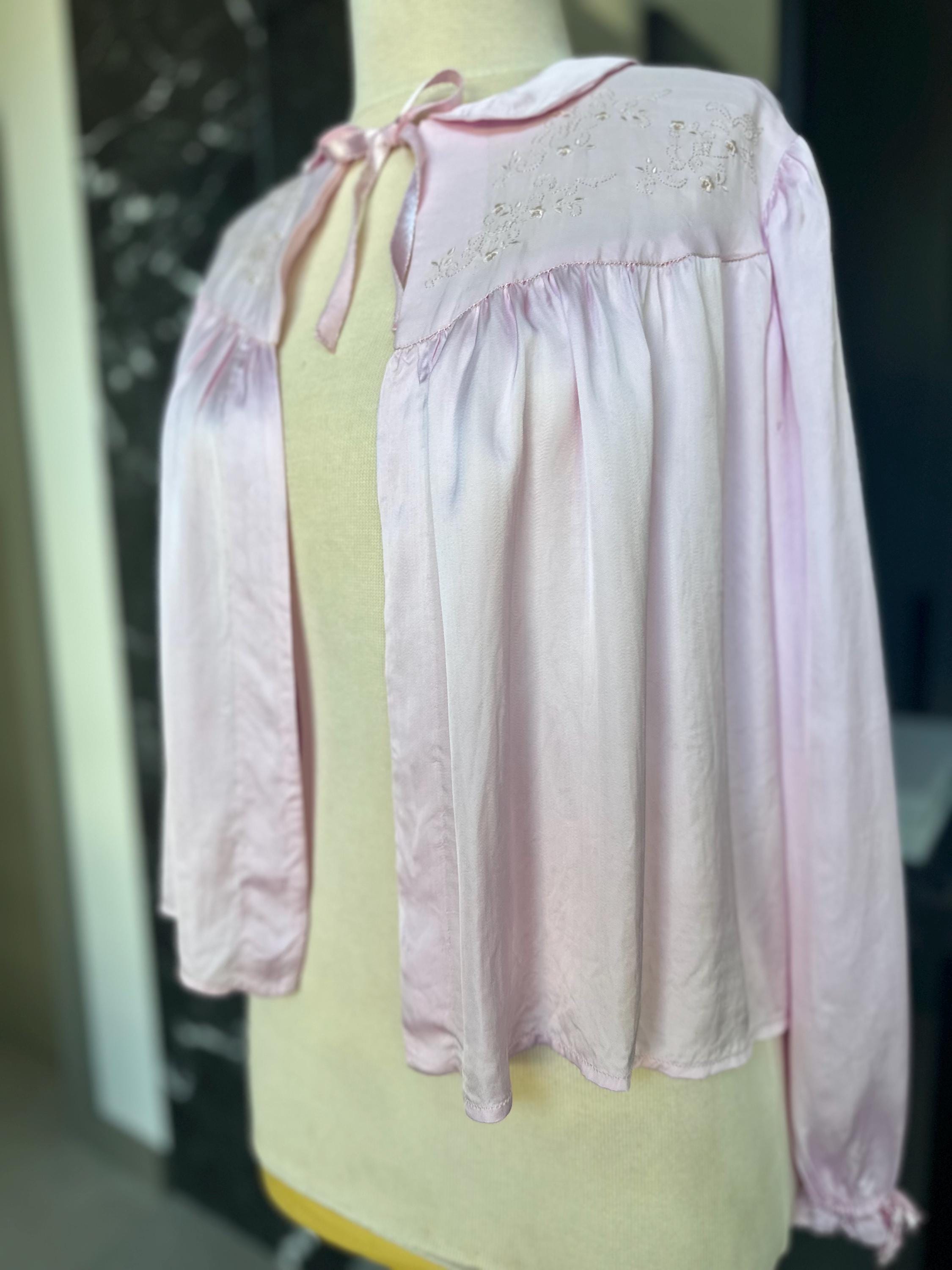 Antique 1940s pink Satin Bed Jacket – Authentic with Lace Trim Boler