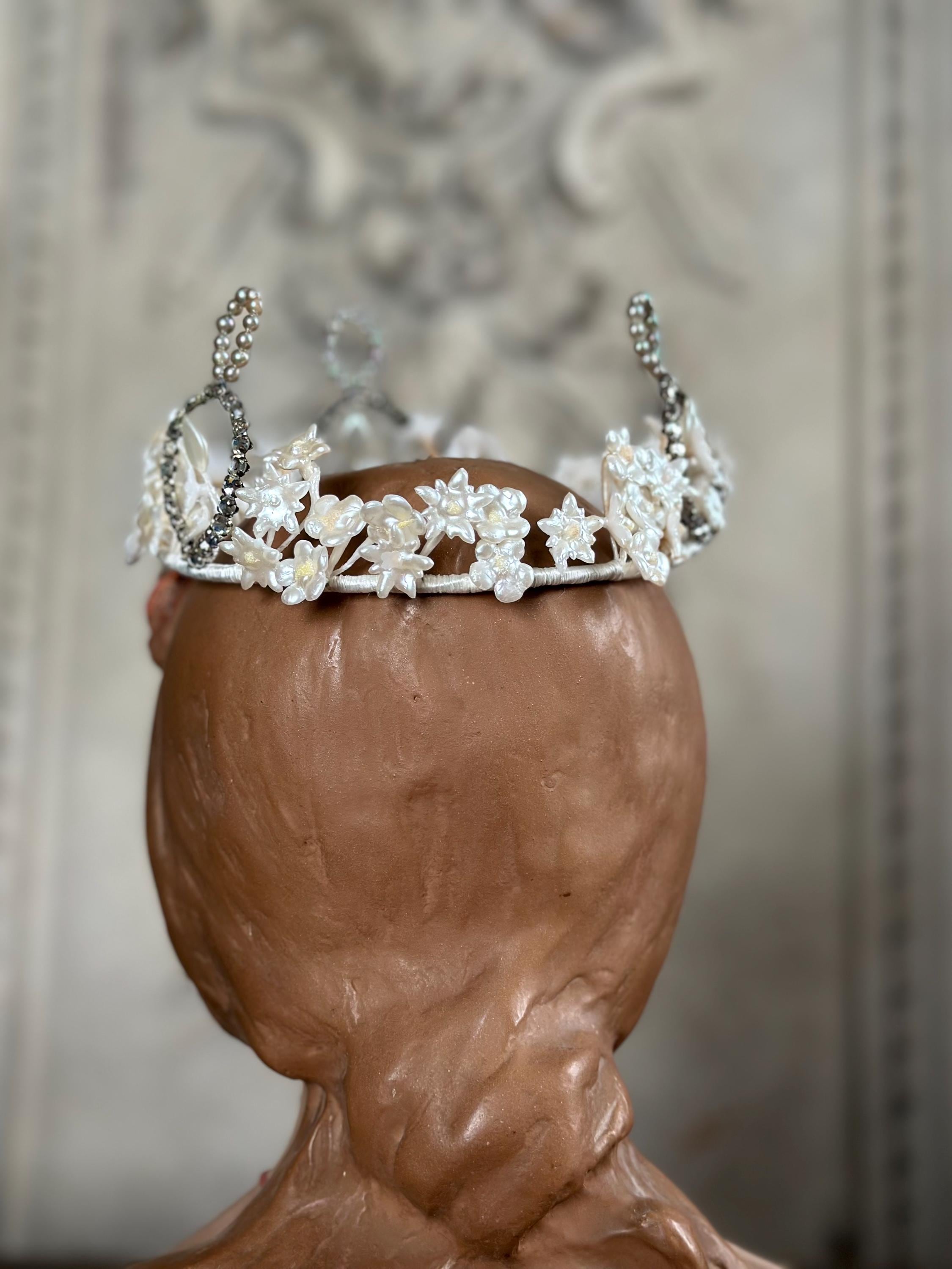 1910s 1920s Wax Elegant Handcrafted Pearl and Crystal wedding Tiara