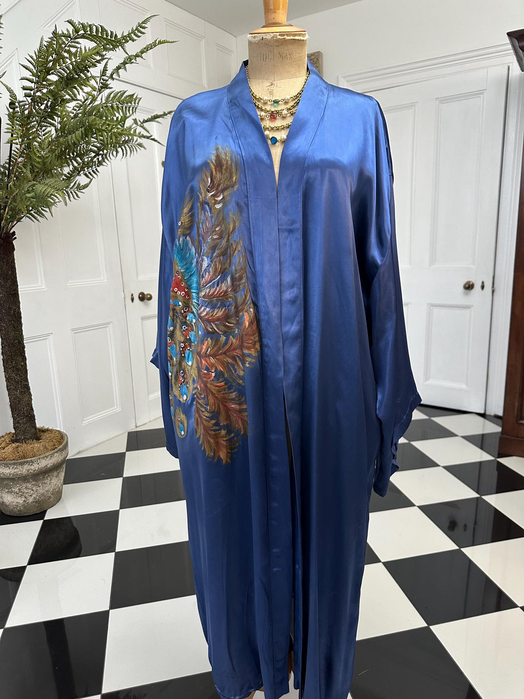 1970 Blue satin hand painted peacock design