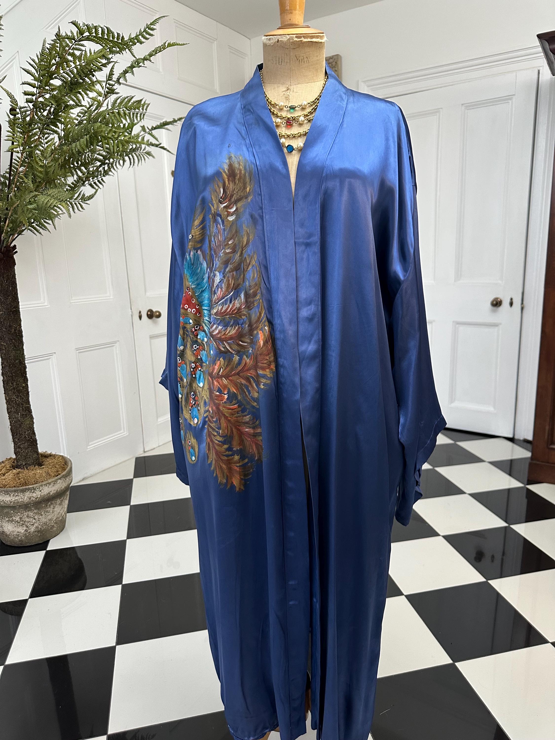 1970 Blue satin hand painted peacock design