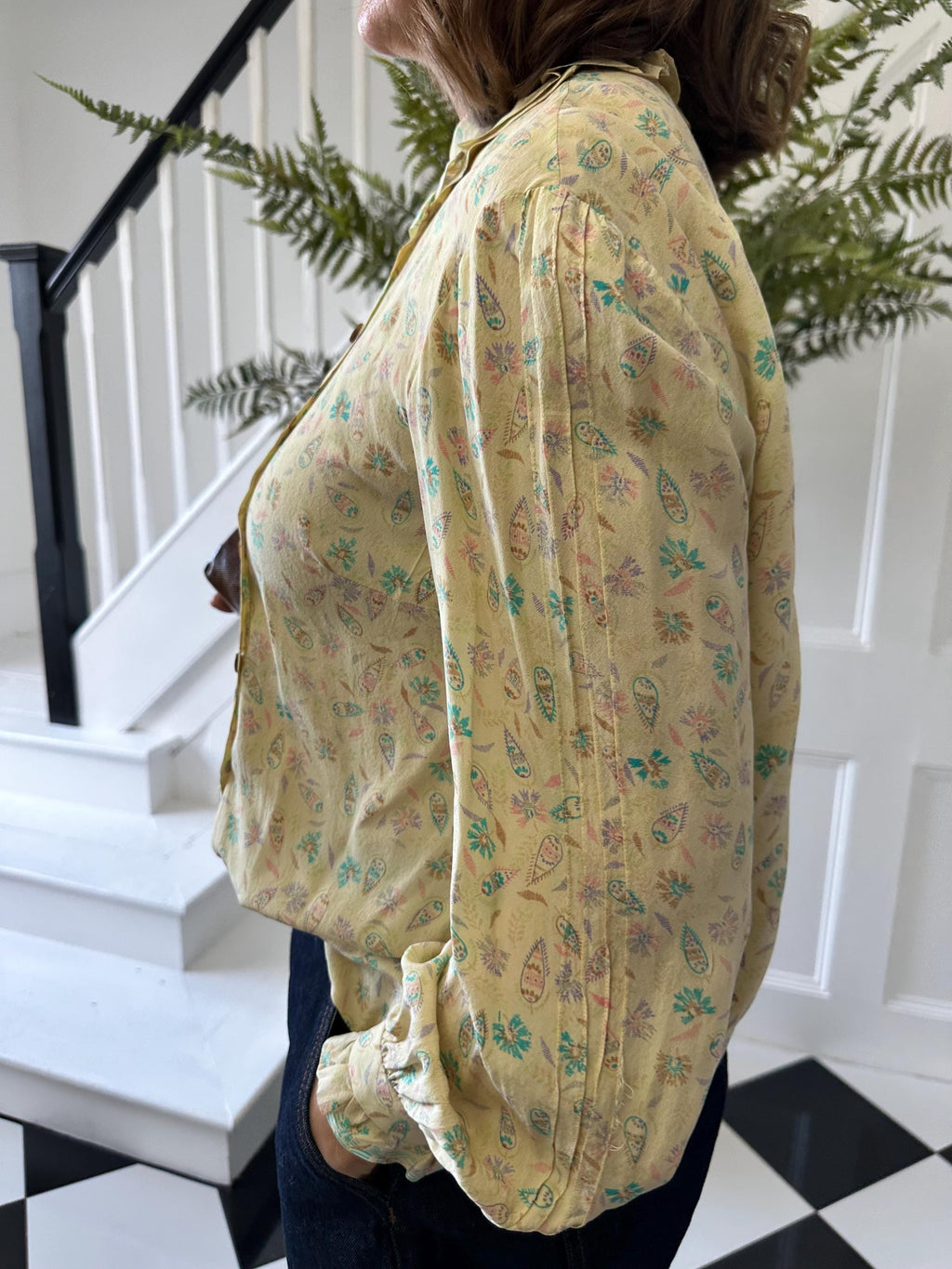 1970 Patel colours silk paisley blouse with ruffle collar and cuff