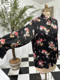 1980s Satin Black Floral Long Sleeve Blouse Vintage Chic