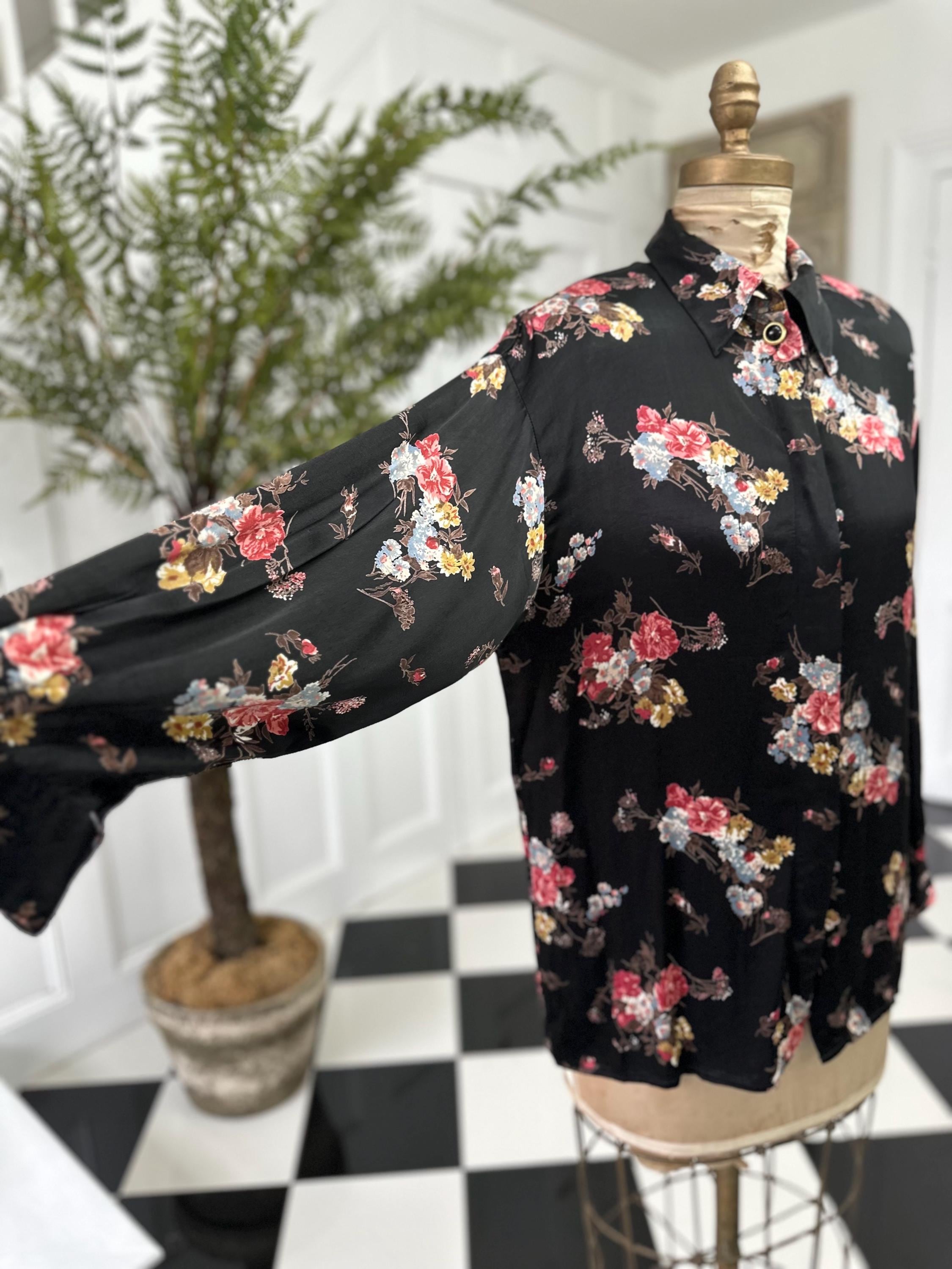 1980s Satin Black Floral Long Sleeve Blouse Vintage Chic