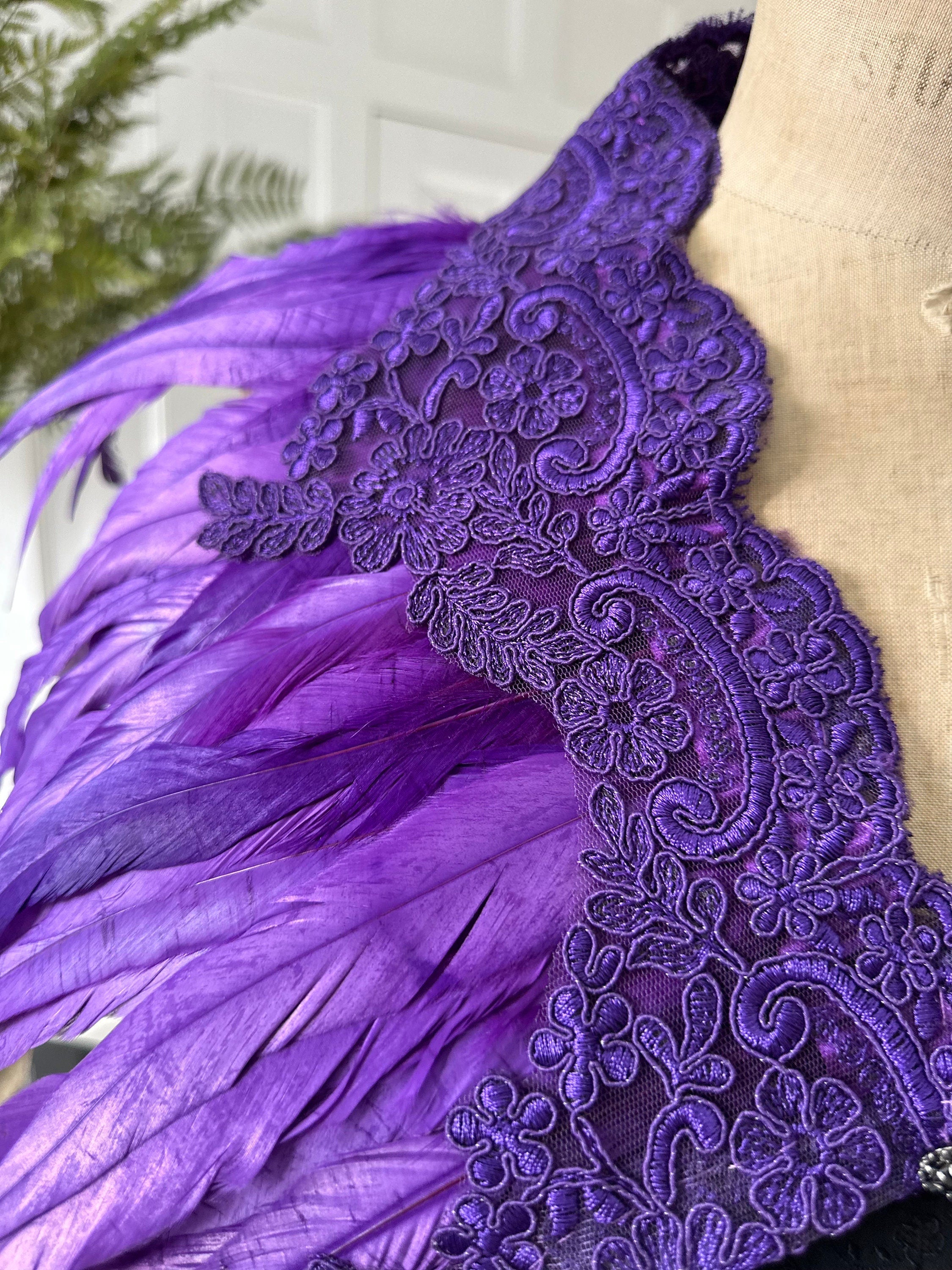 1920s 1930s Vintage style purple feather cape shawl with lace trimming details