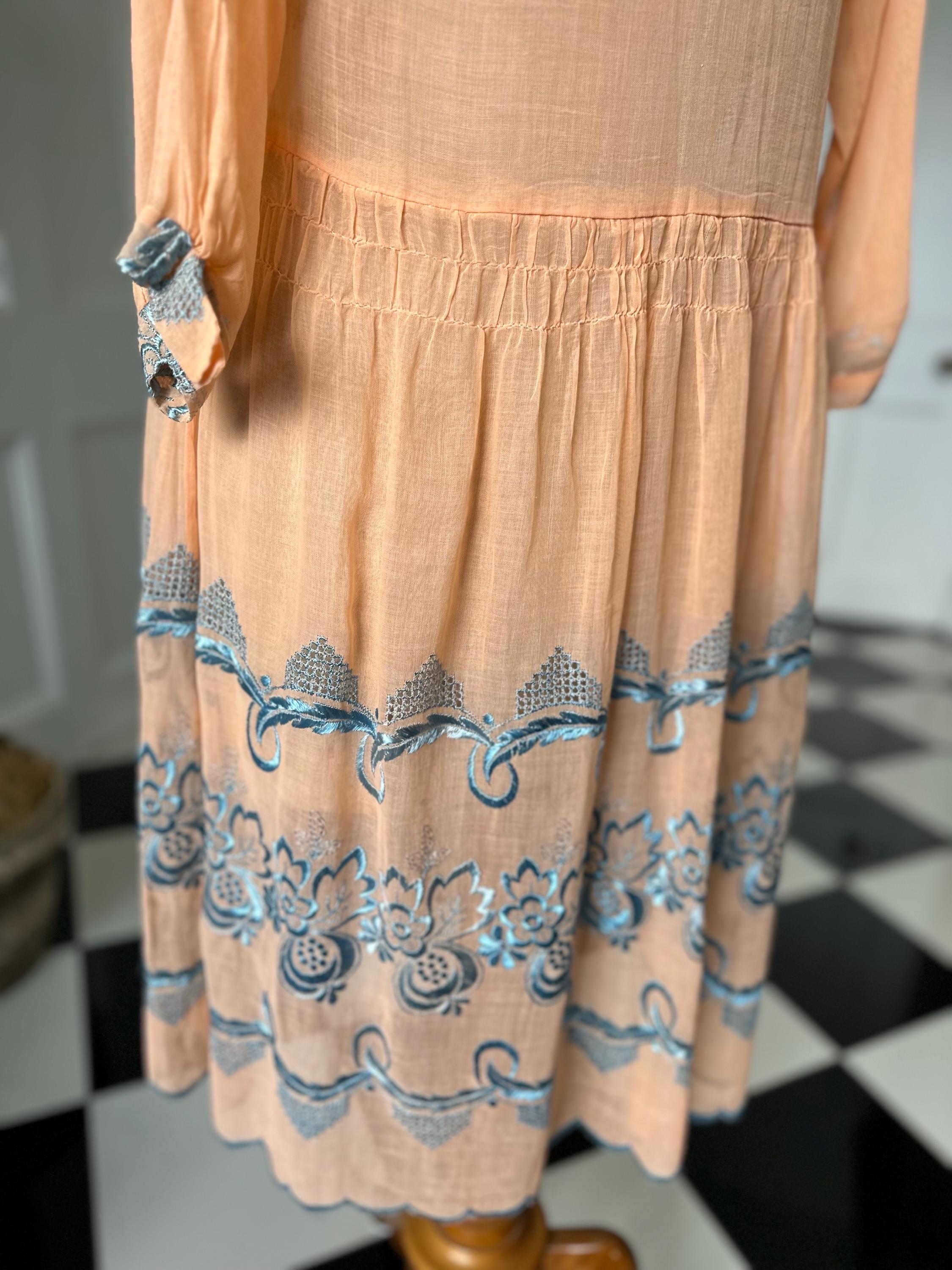 1920s day dress in Peach muslin with silk floss embroidery
