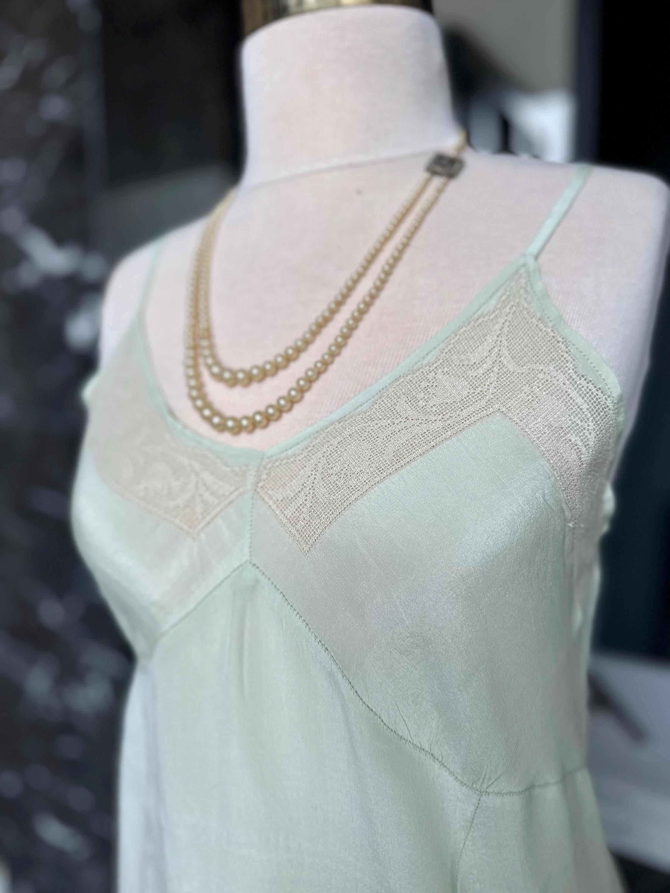 Antique 1930s Mint Green Silk Slip – Authentic Lace Inset Bias-Cut Dress